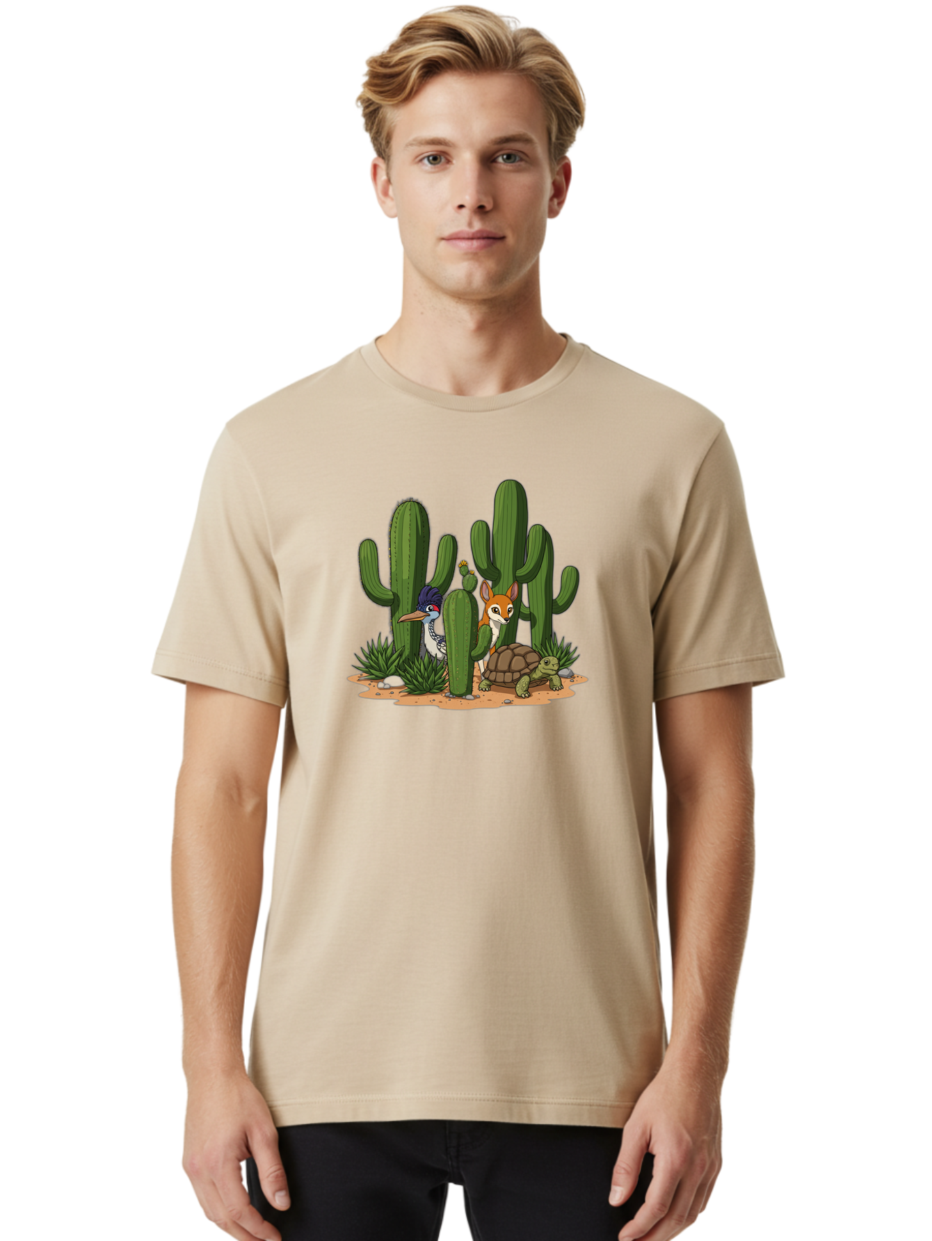 Kingfisher-Fennec-Fox-And-Turtle Men'S Graphic Tee, 100% Cotton, Comfortable Casual Summer Wear, Machine Washable, Cartoon Animals, Desert Wildlife, Cacti, Kingfisher Bird, Fennec Fox, Turtle, Desert Landscape, Wildlife Illustration, Bad252