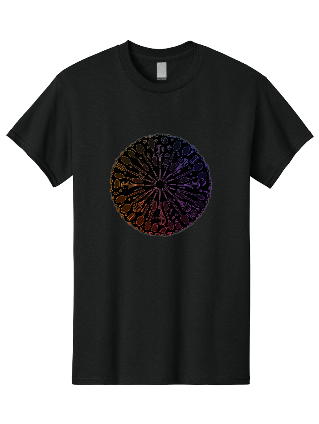 Kitchen-Utensils-Mandala Men'S Graphic Tee, 100% Cotton, Comfortable Casual Summer Wear, Machine Washable, Kitchen Utensils, Cooking Tools, Mandala Design, Colorful Gradient, Spoons, Whisks, Spatulas, Pastry Brushes, Food Preparation, Bad253