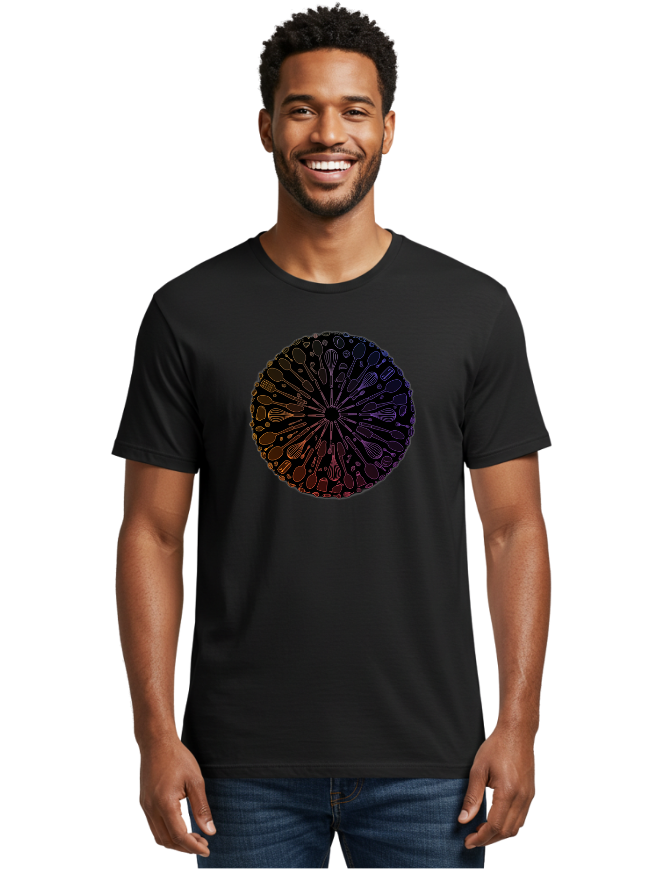 Kitchen-Utensils-Mandala Men'S Graphic Tee, 100% Cotton, Comfortable Casual Summer Wear, Machine Washable, Kitchen Utensils, Cooking Tools, Mandala Design, Colorful Gradient, Spoons, Whisks, Spatulas, Pastry Brushes, Food Preparation, Bad253