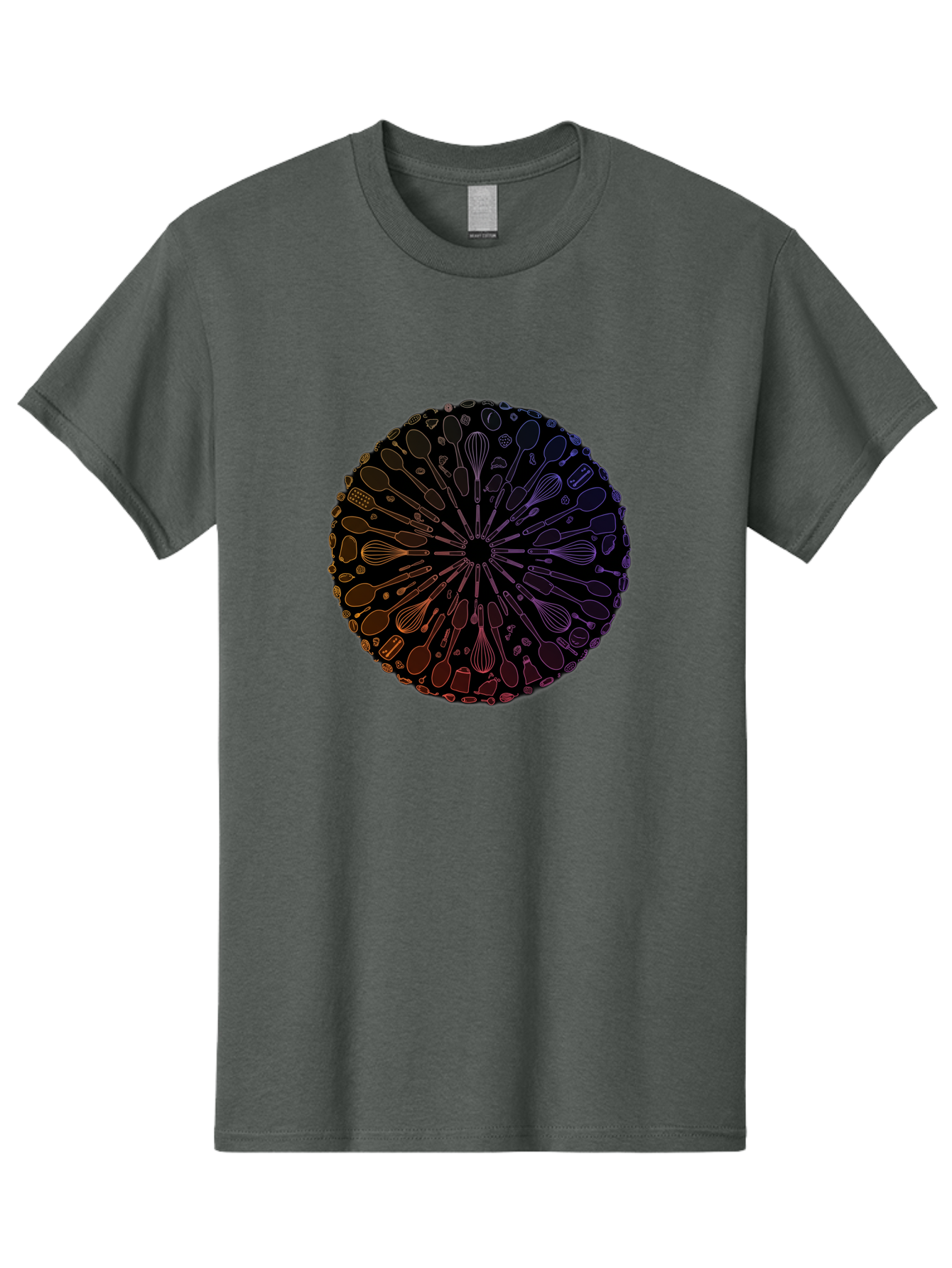 Kitchen-Utensils-Mandala Men'S Graphic Tee, 100% Cotton, Comfortable Casual Summer Wear, Machine Washable, Kitchen Utensils, Cooking Tools, Mandala Design, Colorful Gradient, Spoons, Whisks, Spatulas, Pastry Brushes, Food Preparation, Bad253