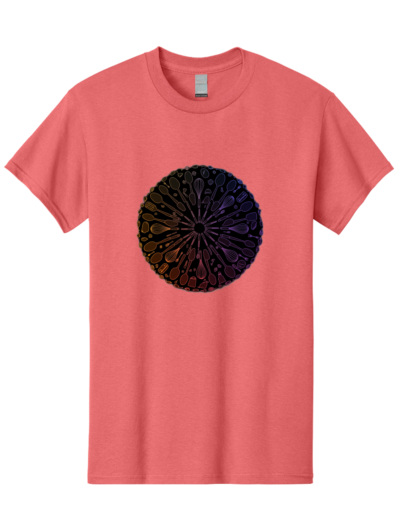 Kitchen-Utensils-Mandala Men'S Graphic Tee, 100% Cotton, Comfortable Casual Summer Wear, Machine Washable, Kitchen Utensils, Cooking Tools, Mandala Design, Colorful Gradient, Spoons, Whisks, Spatulas, Pastry Brushes, Food Preparation, Bad253
