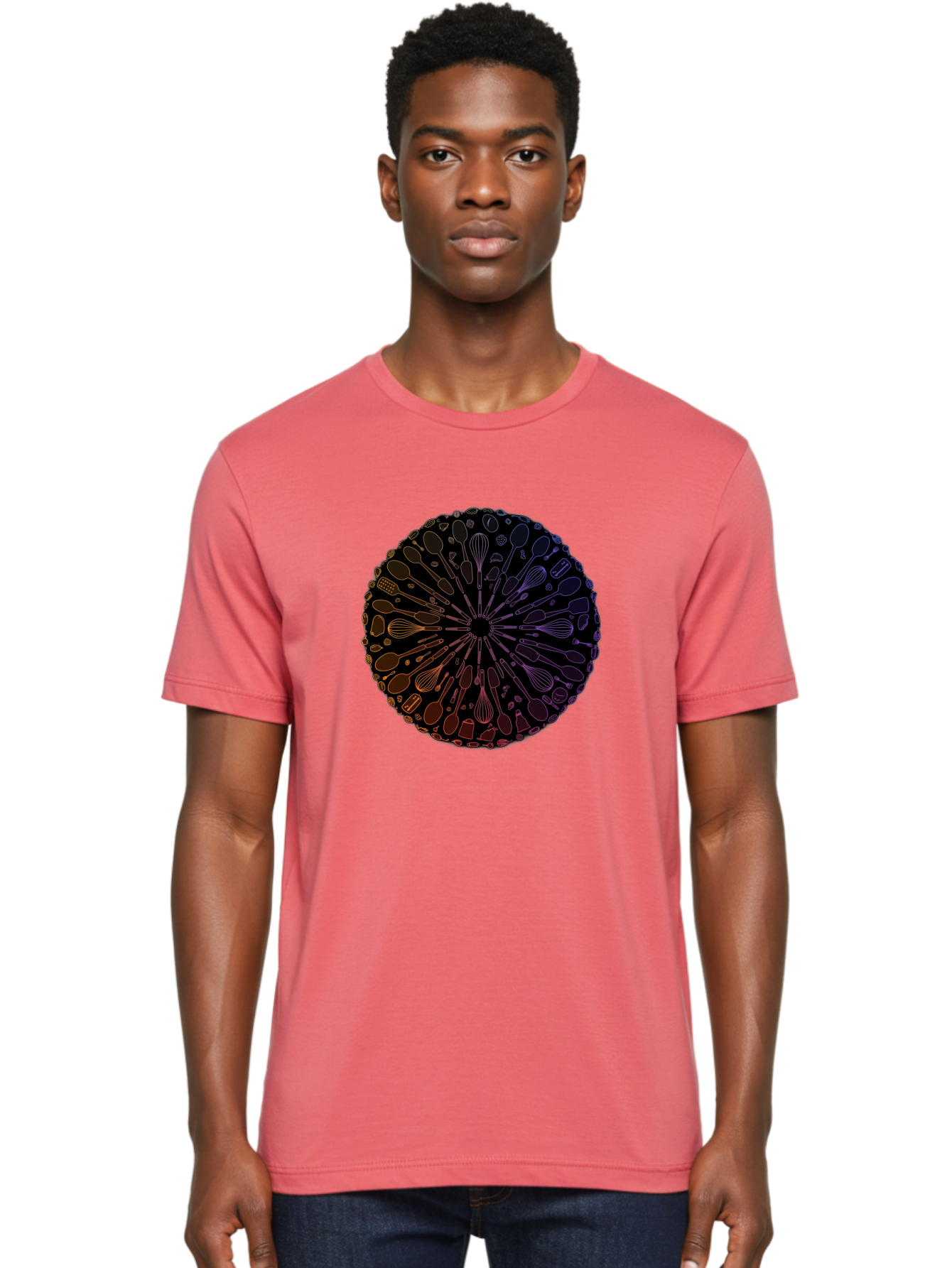 Kitchen-Utensils-Mandala Men'S Graphic Tee, 100% Cotton, Comfortable Casual Summer Wear, Machine Washable, Kitchen Utensils, Cooking Tools, Mandala Design, Colorful Gradient, Spoons, Whisks, Spatulas, Pastry Brushes, Food Preparation, Bad253