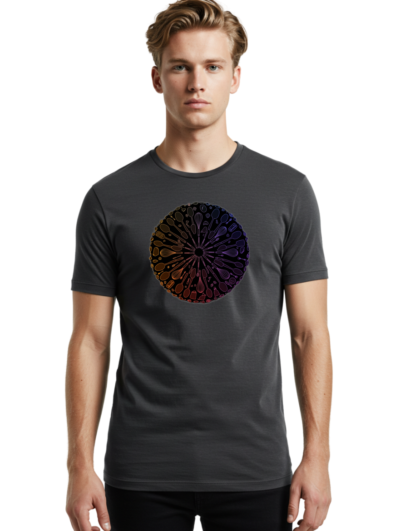 Kitchen-Utensils-Mandala Men'S Graphic Tee, 100% Cotton, Comfortable Casual Summer Wear, Machine Washable, Kitchen Utensils, Cooking Tools, Mandala Design, Colorful Gradient, Spoons, Whisks, Spatulas, Pastry Brushes, Food Preparation, Bad253