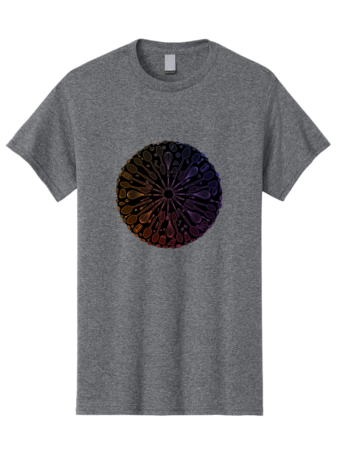 Kitchen-Utensils-Mandala Men'S Graphic Tee, 100% Cotton, Comfortable Casual Summer Wear, Machine Washable, Kitchen Utensils, Cooking Tools, Mandala Design, Colorful Gradient, Spoons, Whisks, Spatulas, Pastry Brushes, Food Preparation, Bad253