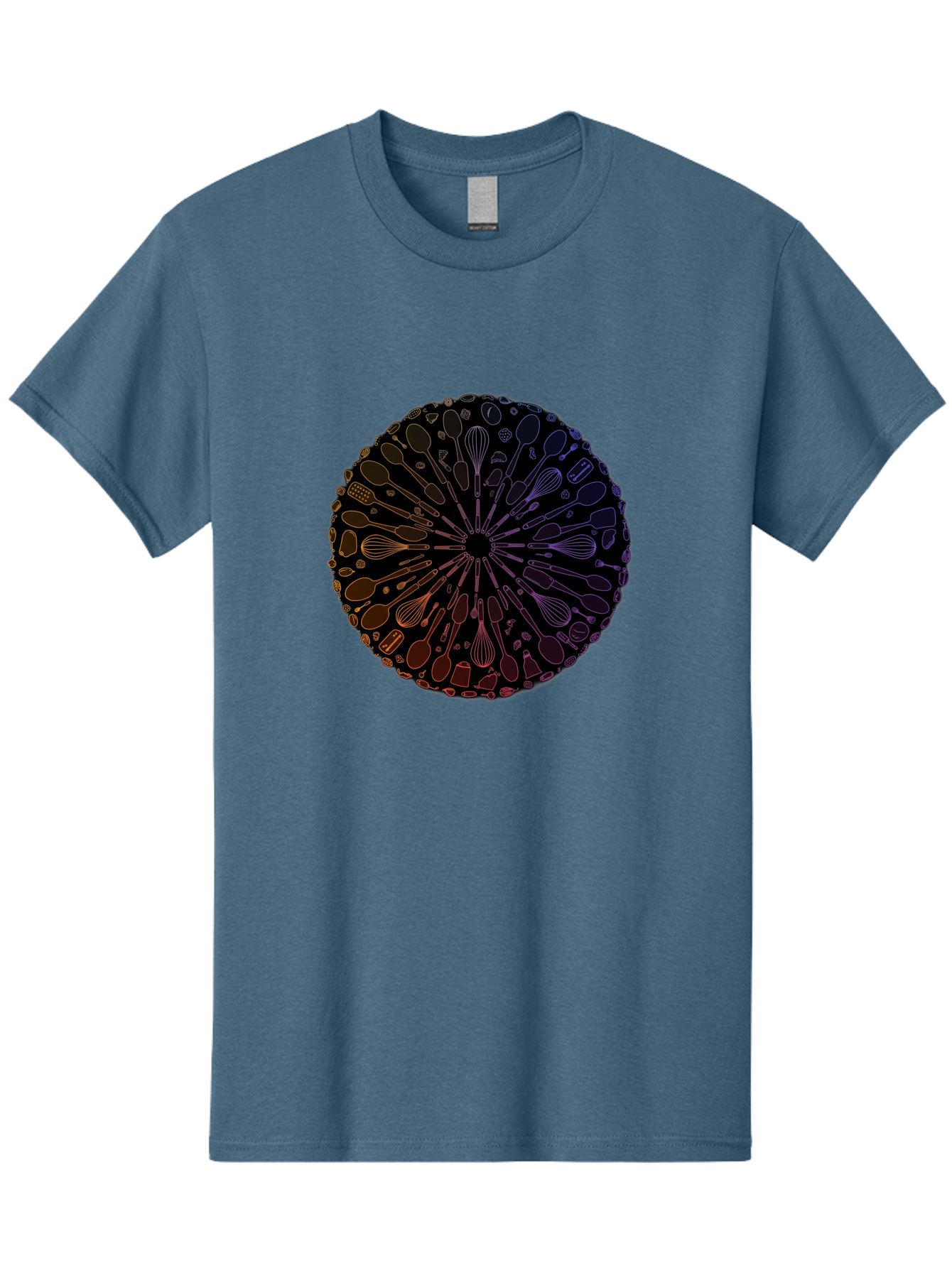 Kitchen-Utensils-Mandala Men'S Graphic Tee, 100% Cotton, Comfortable Casual Summer Wear, Machine Washable, Kitchen Utensils, Cooking Tools, Mandala Design, Colorful Gradient, Spoons, Whisks, Spatulas, Pastry Brushes, Food Preparation, Bad253