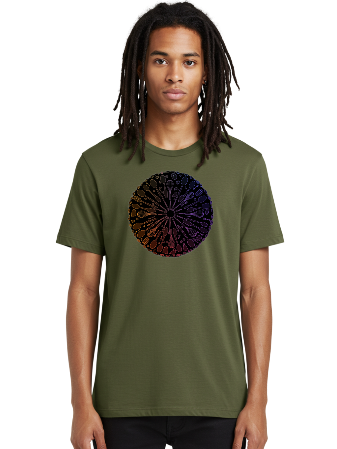Kitchen-Utensils-Mandala Men'S Graphic Tee, 100% Cotton, Comfortable Casual Summer Wear, Machine Washable, Kitchen Utensils, Cooking Tools, Mandala Design, Colorful Gradient, Spoons, Whisks, Spatulas, Pastry Brushes, Food Preparation, Bad253
