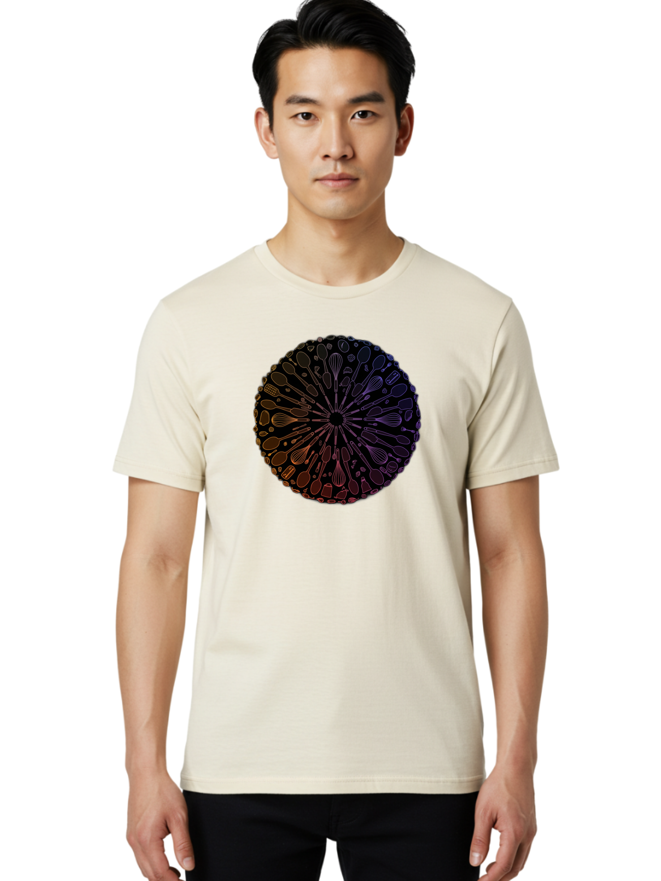 Kitchen-Utensils-Mandala Men'S Graphic Tee, 100% Cotton, Comfortable Casual Summer Wear, Machine Washable, Kitchen Utensils, Cooking Tools, Mandala Design, Colorful Gradient, Spoons, Whisks, Spatulas, Pastry Brushes, Food Preparation, Bad253