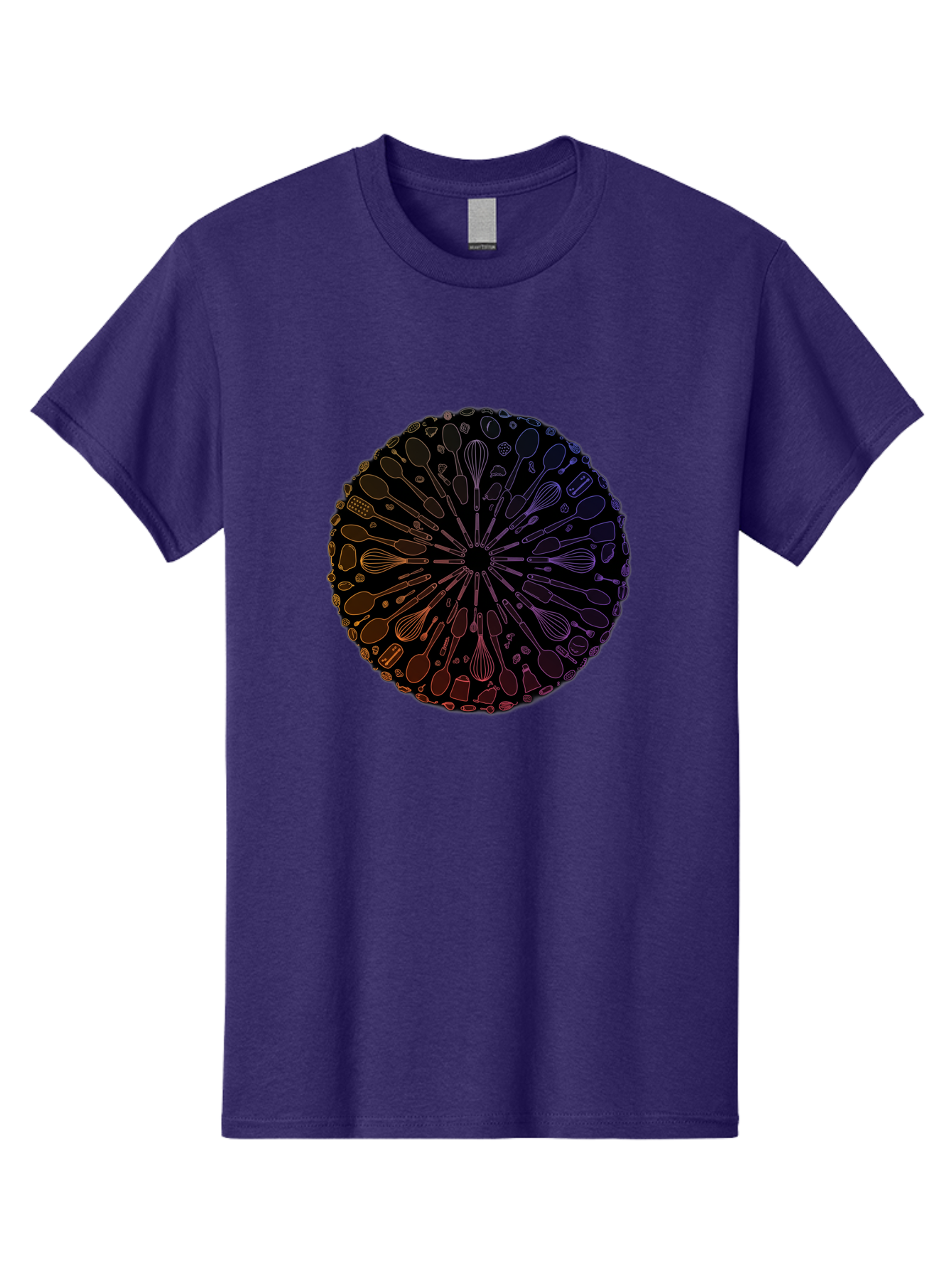 Kitchen-Utensils-Mandala Men'S Graphic Tee, 100% Cotton, Comfortable Casual Summer Wear, Machine Washable, Kitchen Utensils, Cooking Tools, Mandala Design, Colorful Gradient, Spoons, Whisks, Spatulas, Pastry Brushes, Food Preparation, Bad253