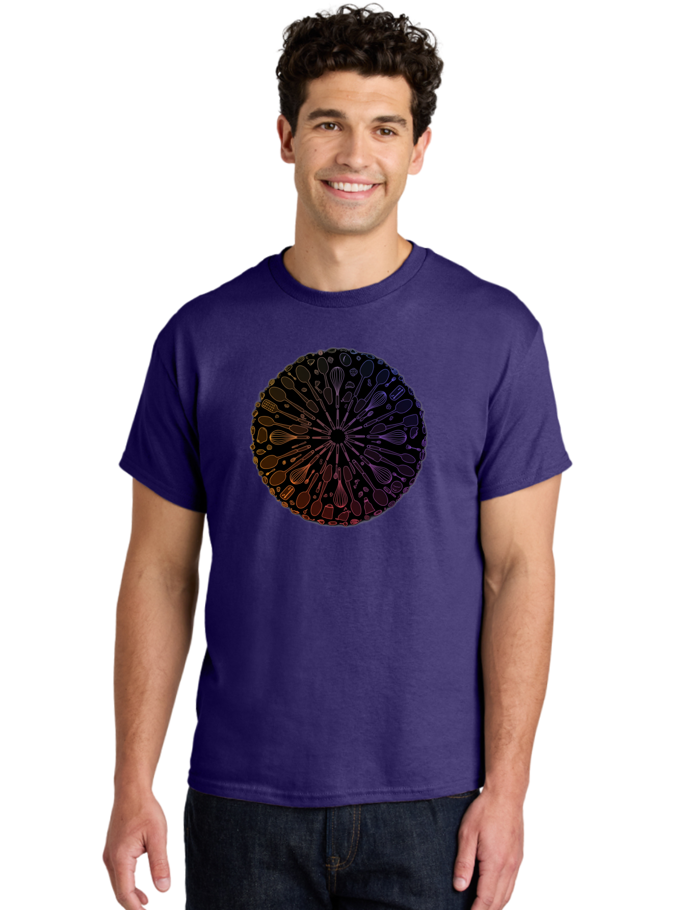 Kitchen-Utensils-Mandala Men'S Graphic Tee, 100% Cotton, Comfortable Casual Summer Wear, Machine Washable, Kitchen Utensils, Cooking Tools, Mandala Design, Colorful Gradient, Spoons, Whisks, Spatulas, Pastry Brushes, Food Preparation, Bad253