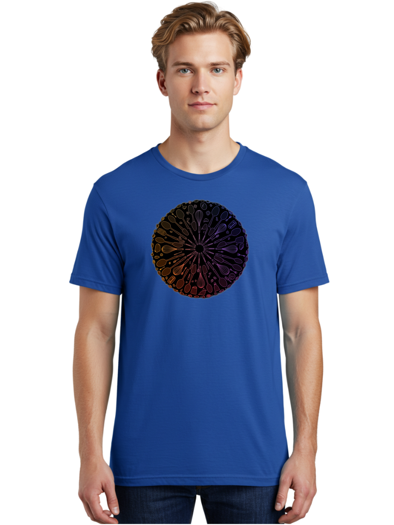 Kitchen-Utensils-Mandala Men'S Graphic Tee, 100% Cotton, Comfortable Casual Summer Wear, Machine Washable, Kitchen Utensils, Cooking Tools, Mandala Design, Colorful Gradient, Spoons, Whisks, Spatulas, Pastry Brushes, Food Preparation, Bad253