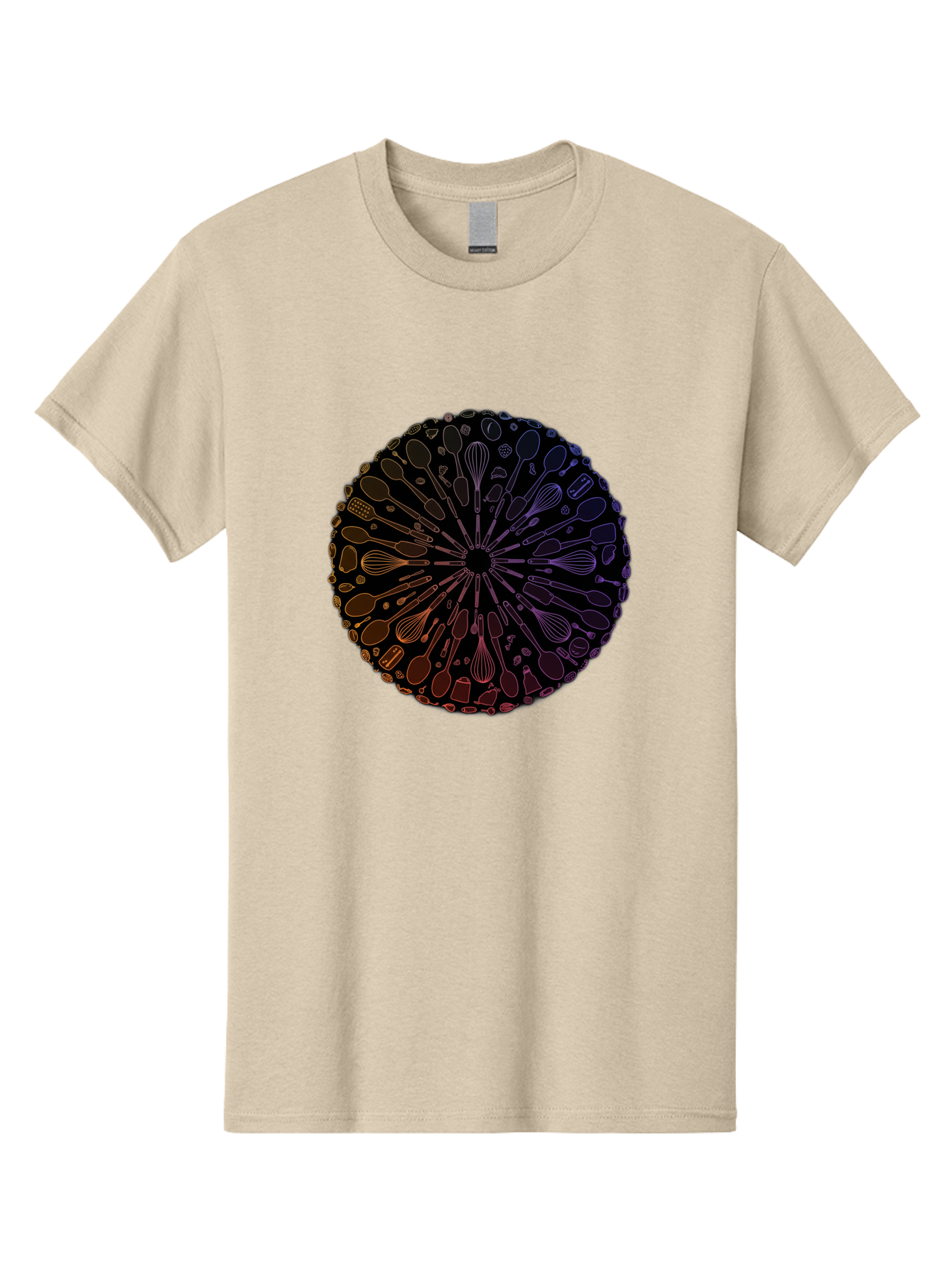 Kitchen-Utensils-Mandala Men'S Graphic Tee, 100% Cotton, Comfortable Casual Summer Wear, Machine Washable, Kitchen Utensils, Cooking Tools, Mandala Design, Colorful Gradient, Spoons, Whisks, Spatulas, Pastry Brushes, Food Preparation, Bad253