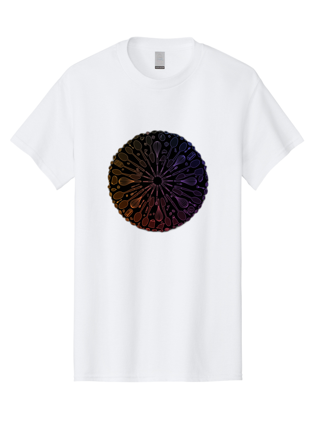 Kitchen-Utensils-Mandala Men'S Graphic Tee, 100% Cotton, Comfortable Casual Summer Wear, Machine Washable, Kitchen Utensils, Cooking Tools, Mandala Design, Colorful Gradient, Spoons, Whisks, Spatulas, Pastry Brushes, Food Preparation, Bad253