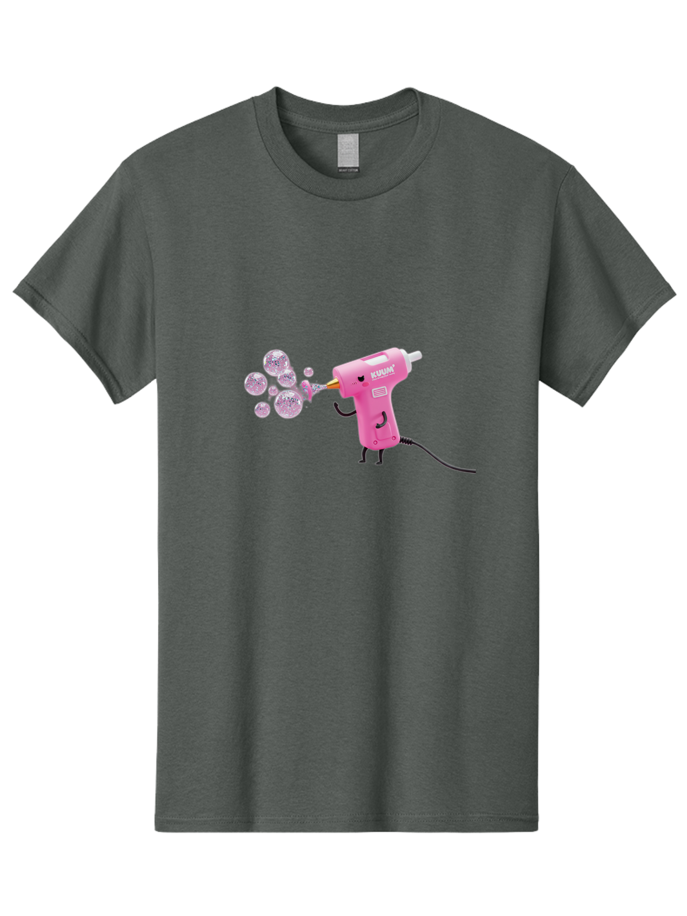 Kunan-Hot-Glue-Gun Men'S Graphic Tee, 100% Cotton, Comfortable Casual Summer Wear, Machine Washable, Hot Glue Gun Blowing Bubbles, Pink Power Tool, Kunan Brand, Cartoon Character, Creative Tool, Diy Craft, Whimsical Illustration, Fun Design, Bad254