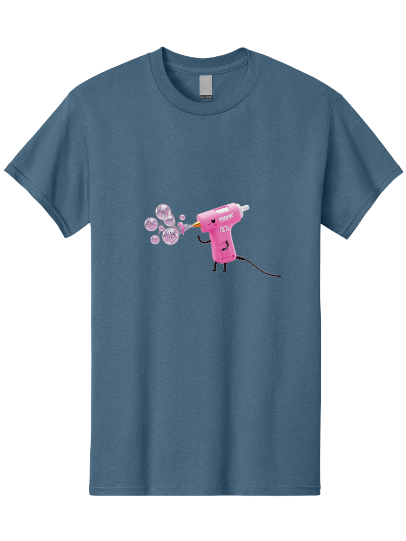 Kunan-Hot-Glue-Gun Men'S Graphic Tee, 100% Cotton, Comfortable Casual Summer Wear, Machine Washable, Hot Glue Gun Blowing Bubbles, Pink Power Tool, Kunan Brand, Cartoon Character, Creative Tool, Diy Craft, Whimsical Illustration, Fun Design, Bad254