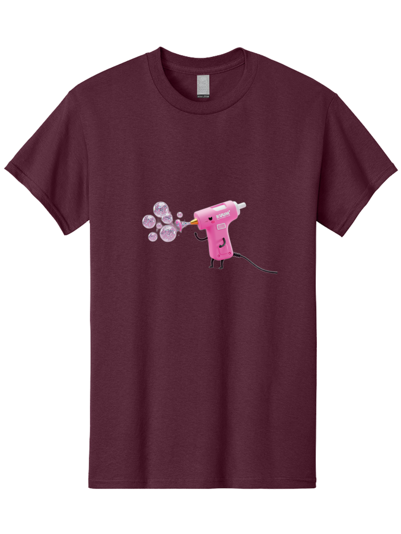 Kunan-Hot-Glue-Gun Men'S Graphic Tee, 100% Cotton, Comfortable Casual Summer Wear, Machine Washable, Hot Glue Gun Blowing Bubbles, Pink Power Tool, Kunan Brand, Cartoon Character, Creative Tool, Diy Craft, Whimsical Illustration, Fun Design, Bad254