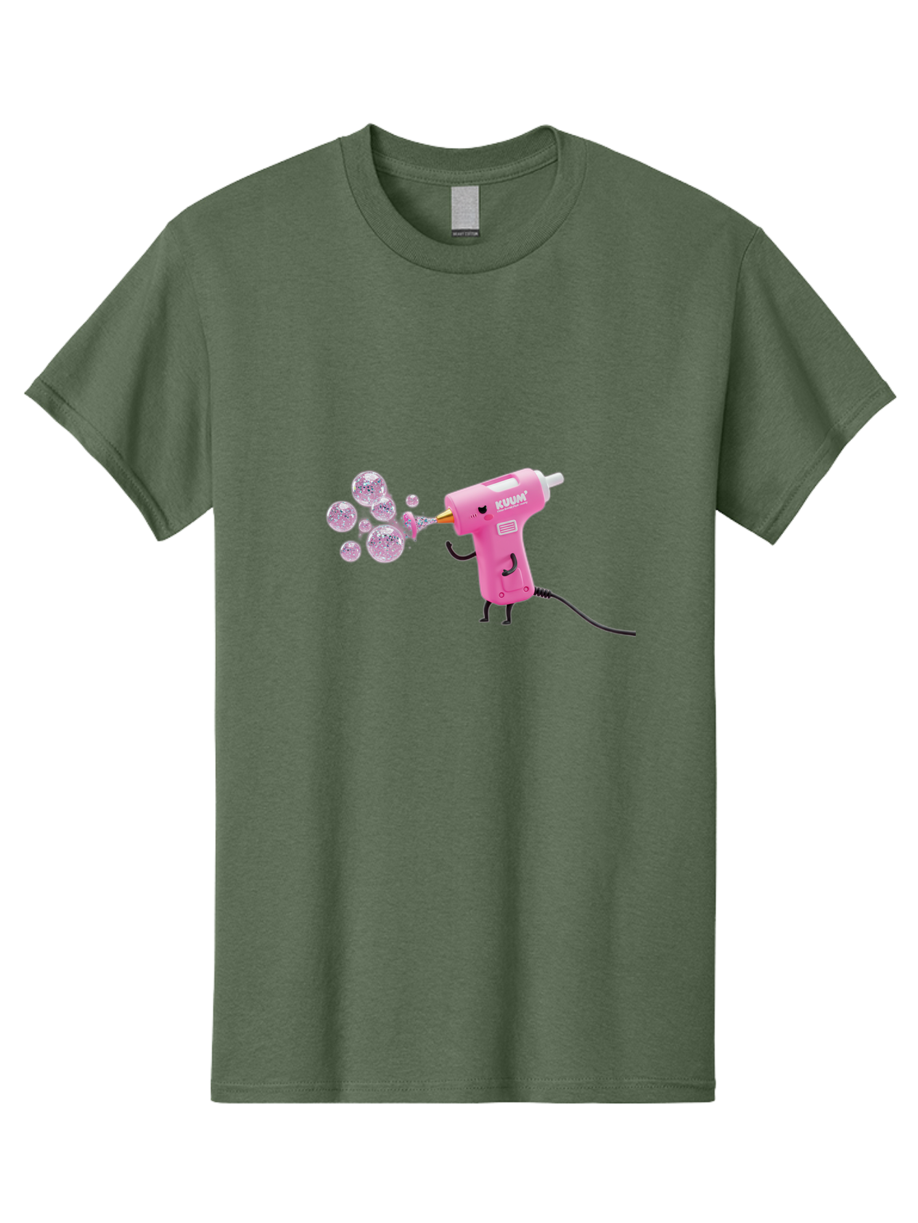 Kunan-Hot-Glue-Gun Men'S Graphic Tee, 100% Cotton, Comfortable Casual Summer Wear, Machine Washable, Hot Glue Gun Blowing Bubbles, Pink Power Tool, Kunan Brand, Cartoon Character, Creative Tool, Diy Craft, Whimsical Illustration, Fun Design, Bad254