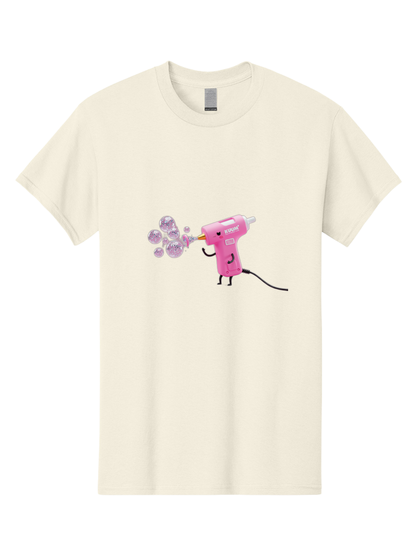 Kunan-Hot-Glue-Gun Men'S Graphic Tee, 100% Cotton, Comfortable Casual Summer Wear, Machine Washable, Hot Glue Gun Blowing Bubbles, Pink Power Tool, Kunan Brand, Cartoon Character, Creative Tool, Diy Craft, Whimsical Illustration, Fun Design, Bad254