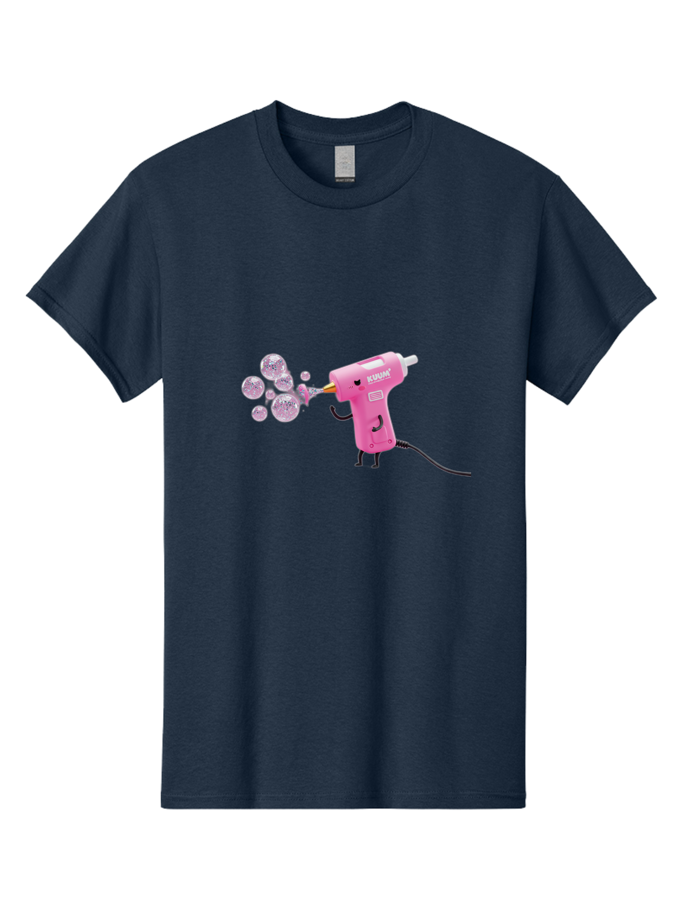 Kunan-Hot-Glue-Gun Men'S Graphic Tee, 100% Cotton, Comfortable Casual Summer Wear, Machine Washable, Hot Glue Gun Blowing Bubbles, Pink Power Tool, Kunan Brand, Cartoon Character, Creative Tool, Diy Craft, Whimsical Illustration, Fun Design, Bad254