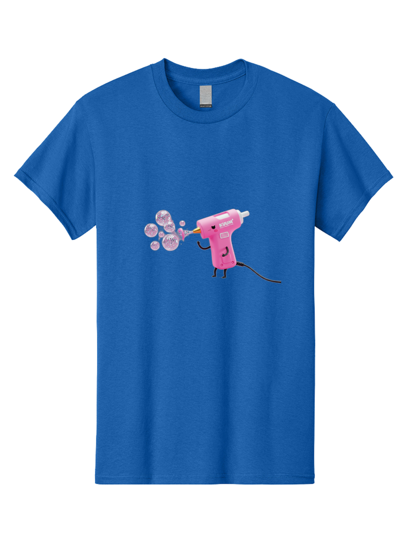 Kunan-Hot-Glue-Gun Men'S Graphic Tee, 100% Cotton, Comfortable Casual Summer Wear, Machine Washable, Hot Glue Gun Blowing Bubbles, Pink Power Tool, Kunan Brand, Cartoon Character, Creative Tool, Diy Craft, Whimsical Illustration, Fun Design, Bad254