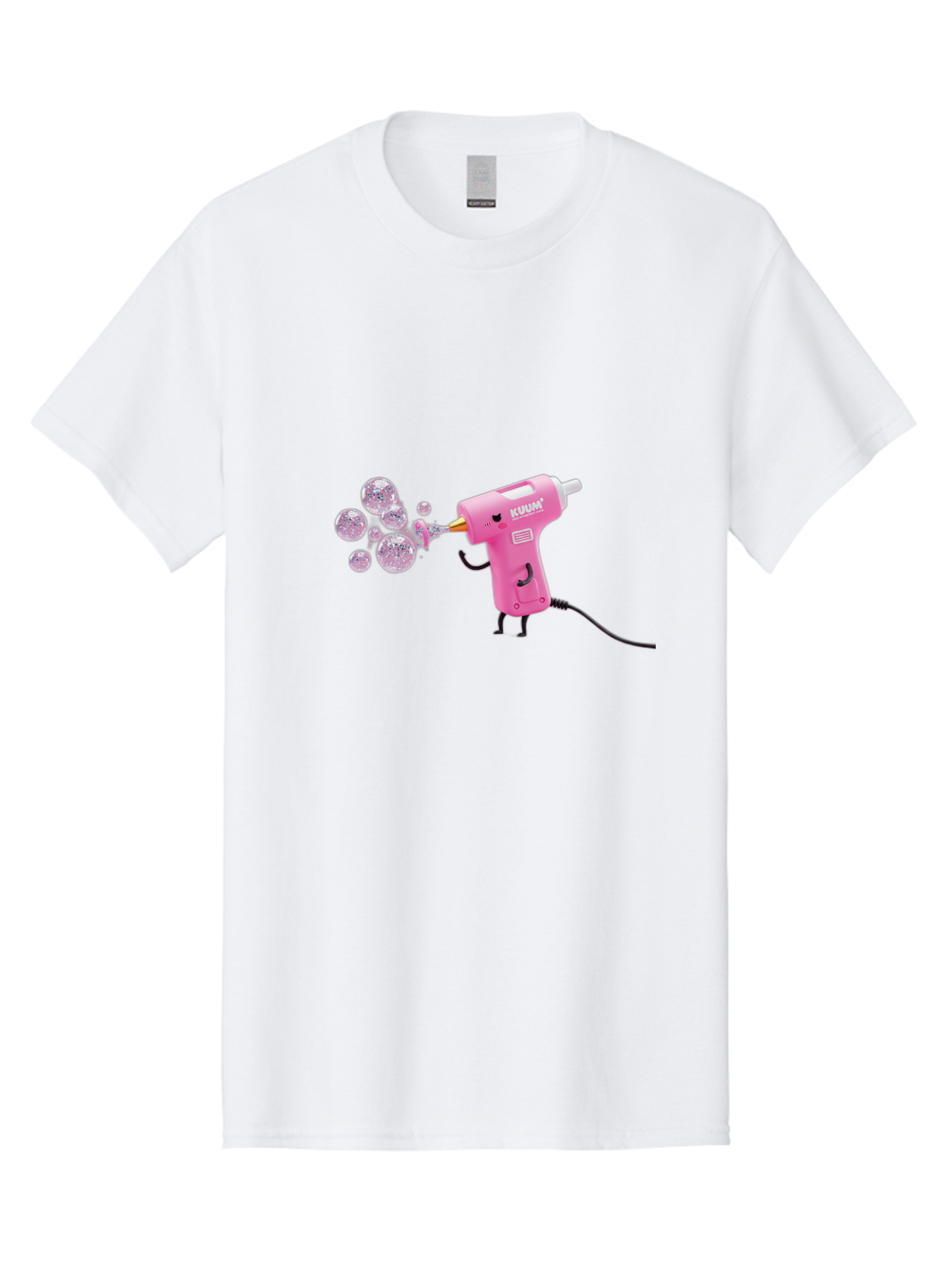 Kunan-Hot-Glue-Gun Men'S Graphic Tee, 100% Cotton, Comfortable Casual Summer Wear, Machine Washable, Hot Glue Gun Blowing Bubbles, Pink Power Tool, Kunan Brand, Cartoon Character, Creative Tool, Diy Craft, Whimsical Illustration, Fun Design, Bad254