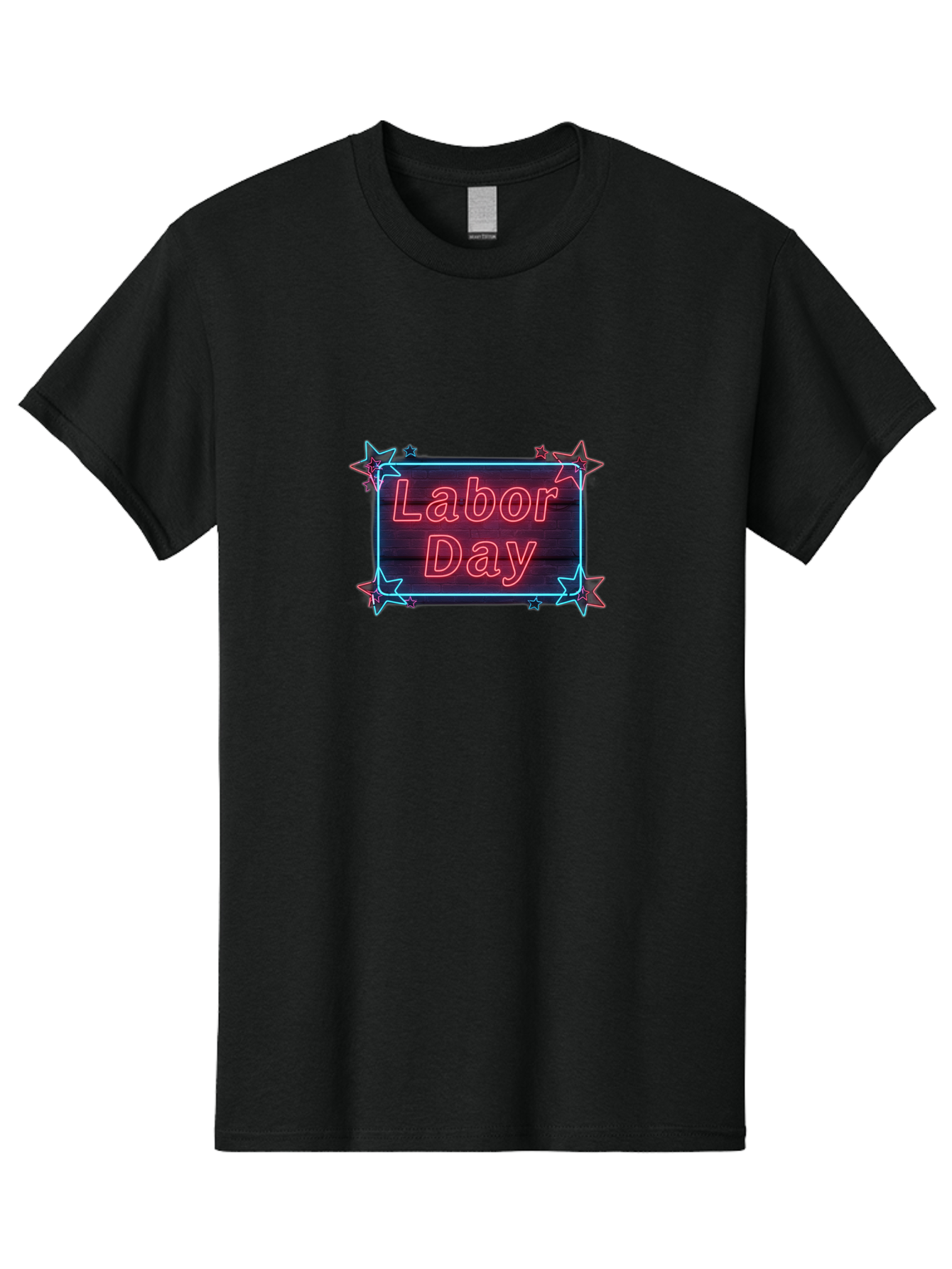 Labor-Day-5 Men'S Graphic Tee, 100% Cotton, Comfortable Casual Summer Wear, Machine Washable, Labor Day Graphic, Neon Sign, Red Neon Lights, Star Decorations, Festive Design, Holiday Theme, Patriotic Celebration, Blue Outline Bad261