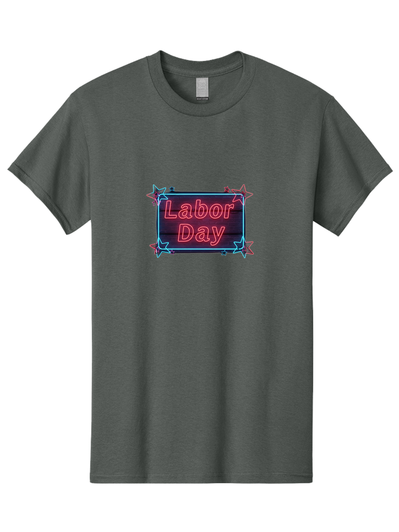 Labor-Day-5 Men'S Graphic Tee, 100% Cotton, Comfortable Casual Summer Wear, Machine Washable, Labor Day Graphic, Neon Sign, Red Neon Lights, Star Decorations, Festive Design, Holiday Theme, Patriotic Celebration, Blue Outline Bad261