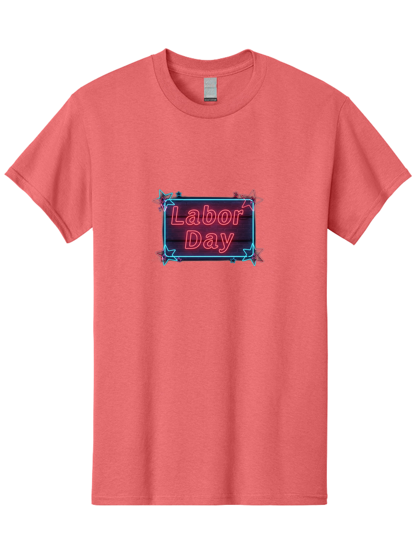 Labor-Day-5 Men'S Graphic Tee, 100% Cotton, Comfortable Casual Summer Wear, Machine Washable, Labor Day Graphic, Neon Sign, Red Neon Lights, Star Decorations, Festive Design, Holiday Theme, Patriotic Celebration, Blue Outline Bad261