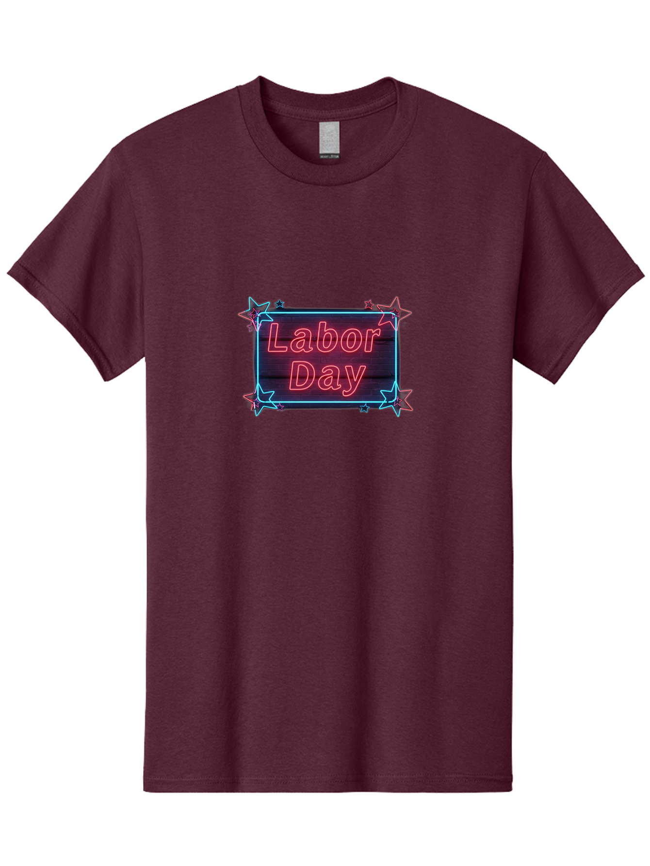 Labor-Day-5 Men'S Graphic Tee, 100% Cotton, Comfortable Casual Summer Wear, Machine Washable, Labor Day Graphic, Neon Sign, Red Neon Lights, Star Decorations, Festive Design, Holiday Theme, Patriotic Celebration, Blue Outline Bad261