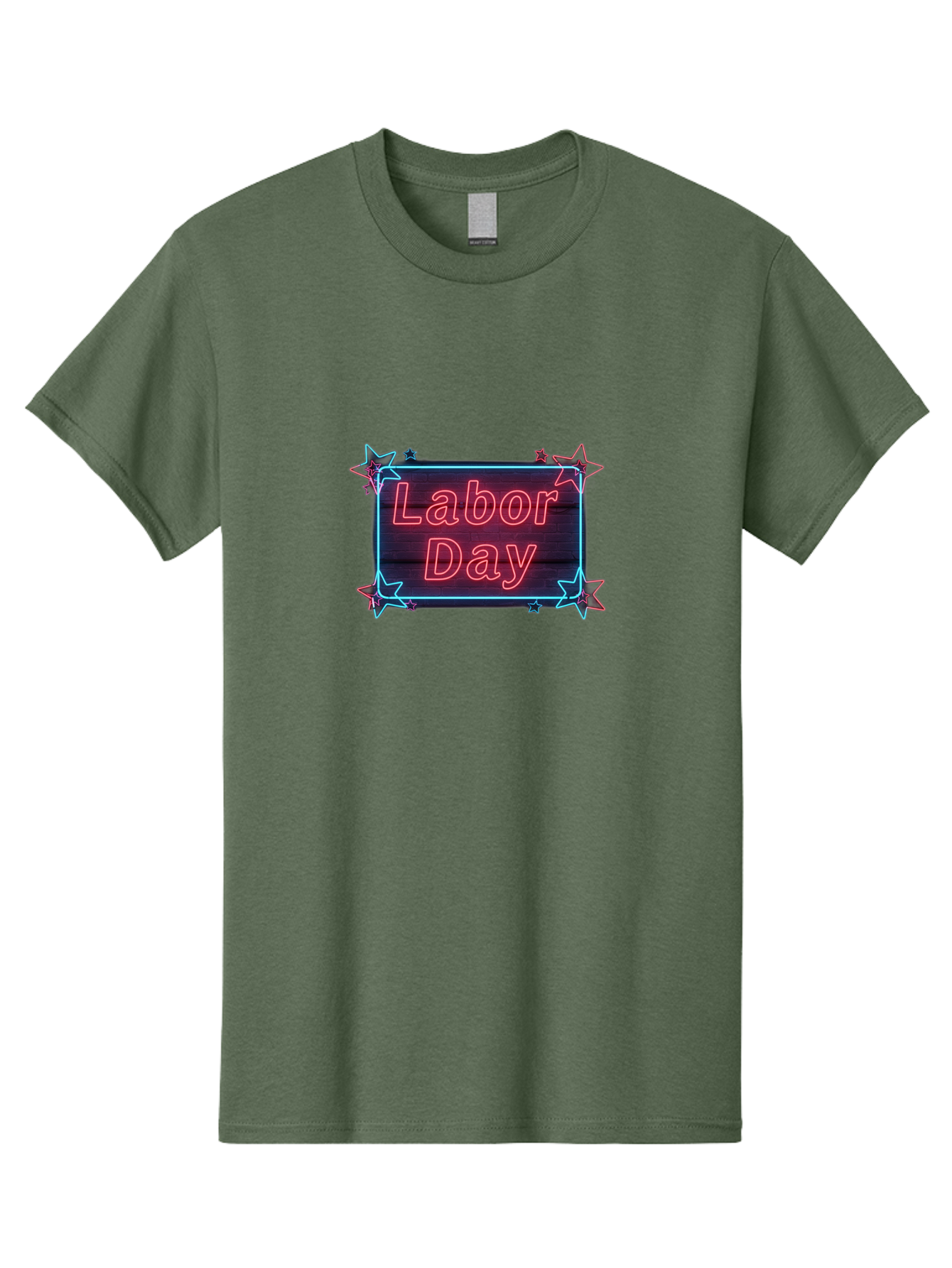 Labor-Day-5 Men'S Graphic Tee, 100% Cotton, Comfortable Casual Summer Wear, Machine Washable, Labor Day Graphic, Neon Sign, Red Neon Lights, Star Decorations, Festive Design, Holiday Theme, Patriotic Celebration, Blue Outline Bad261