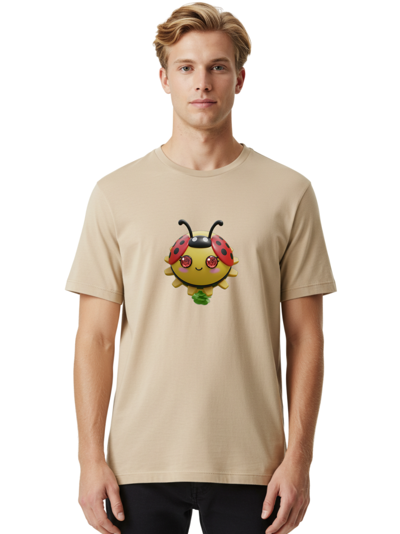 Ladybug Men'S Graphic Tee, 100% Cotton, Comfortable Casual Summer Wear, Machine Washable, Cartoon Ladybug, Cute Insect, Kawaii Character, Red And Black Wings, Yellow Body, Smiling Face, Glittery Eyes, Playful Animation, Adorable Creature, Bad264