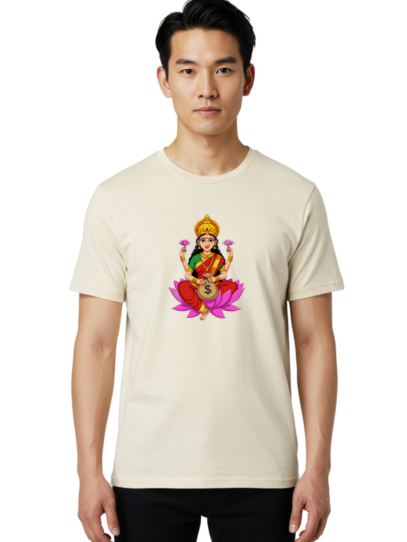 Lakshmi-3 Men'S Graphic Tee, 100% Cotton, Comfortable Casual Summer Wear, Machine Washable, Goddess Lakshmi, Lotus Flower, Prosperity, Wealth, Indian Mythology, Traditional Attire, Jewelry, $ Symbol, Spiritual Growth, Good Fortune, Bad267