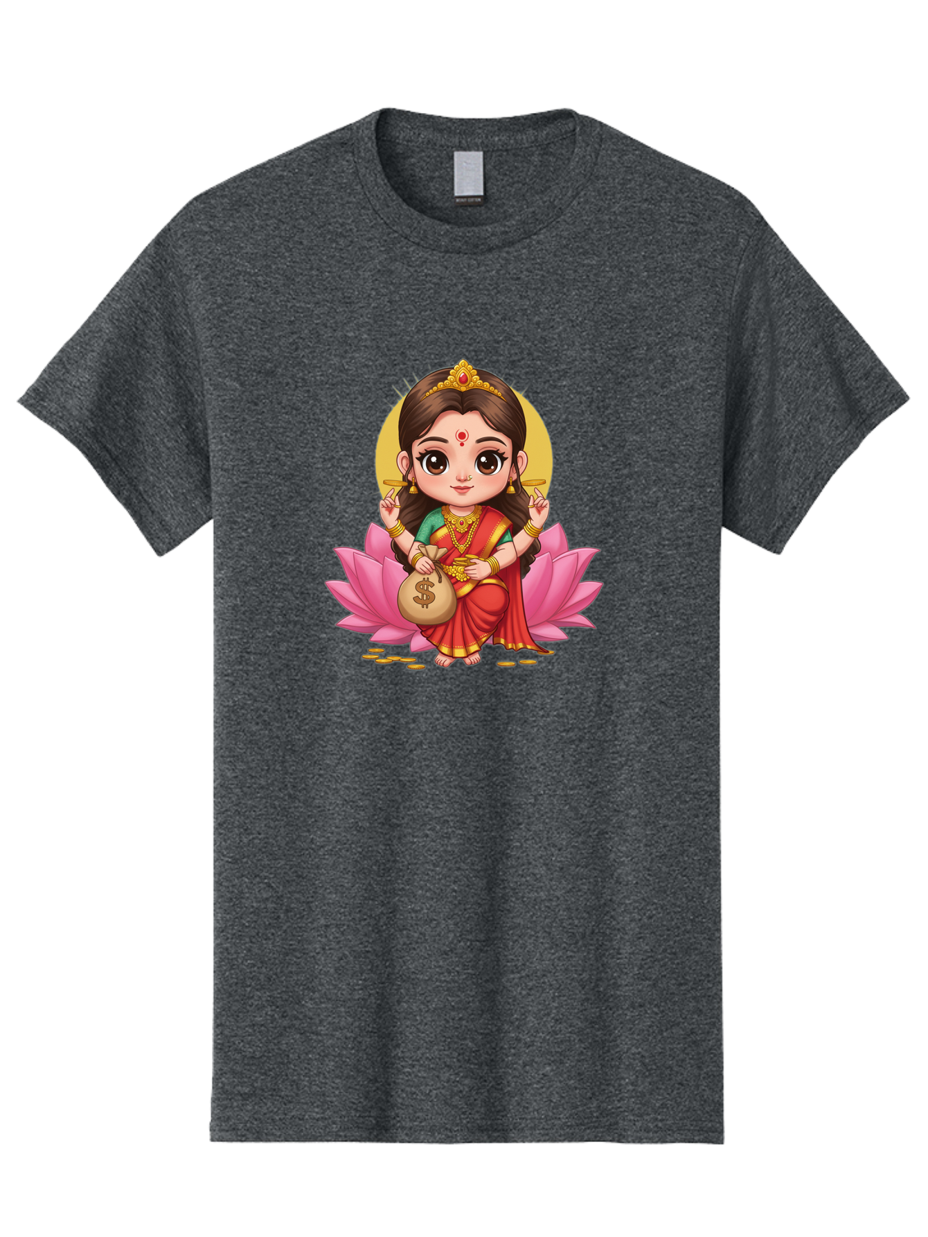 Lakshmi-4 Men'S Graphic Tee, 100% Cotton, Comfortable Casual Summer Wear, Machine Washable, Goddess Lakshmi, Hindu Deity, Prosperity Symbol, Lotus Flower, Golden Jewelry, Red Sari, Four-Armed Figure, Money Bag, Dollar Sign, Wealth And Fortune, Bad268