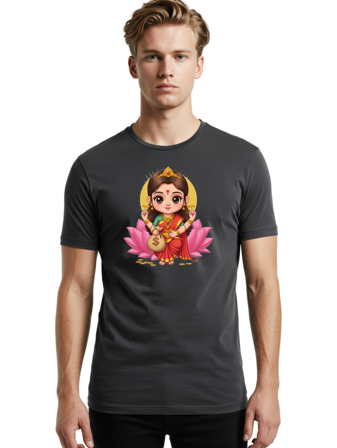 Lakshmi-4 Men'S Graphic Tee, 100% Cotton, Comfortable Casual Summer Wear, Machine Washable, Goddess Lakshmi, Hindu Deity, Prosperity Symbol, Lotus Flower, Golden Jewelry, Red Sari, Four-Armed Figure, Money Bag, Dollar Sign, Wealth And Fortune, Bad268