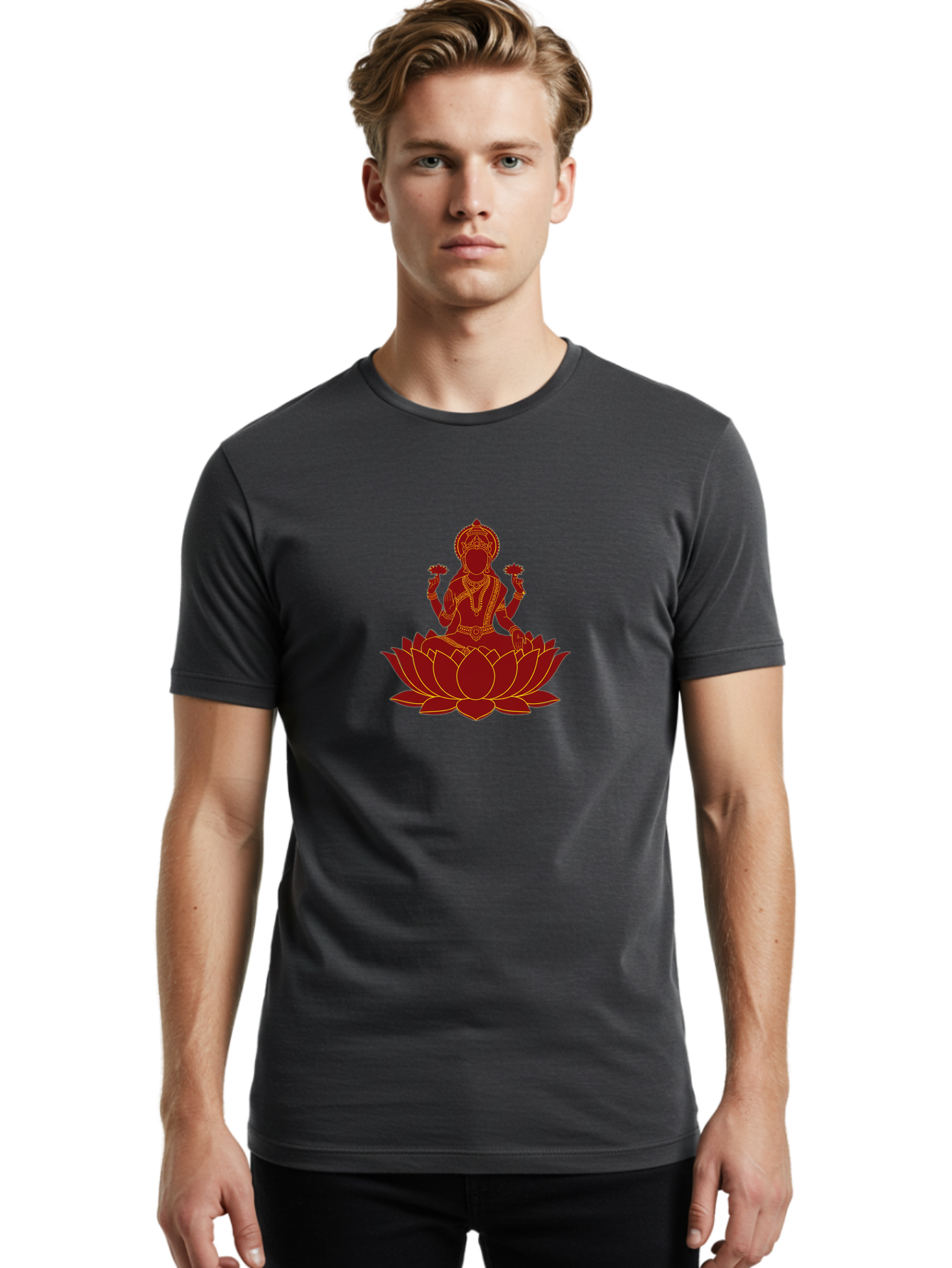 Lakshmi-Lotus Men'S Graphic Tee, 100% Cotton, Comfortable Casual Summer Wear, Machine Washable, Goddess On Lotus, Lotus Flower, Spiritual Symbolism, Meditation, Mindfulness, Spiritual Growth, Inner Peace, Yoga, Wellness, Feminine Energy, Bad269