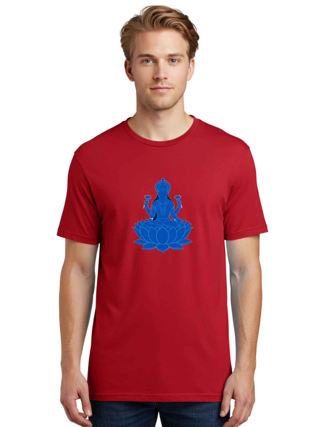 Lakshmi Men'S Graphic Tee, 100% Cotton, Comfortable Casual Summer Wear, Machine Washable, Goddess Lakshmi, Lotus Flower, Spiritual Symbolism, Hindu Mythology, Serene Pose, Symbolic Jewelry, Tranquil Atmosphere, Yoga, Meditation, Inner Peace, Bad270