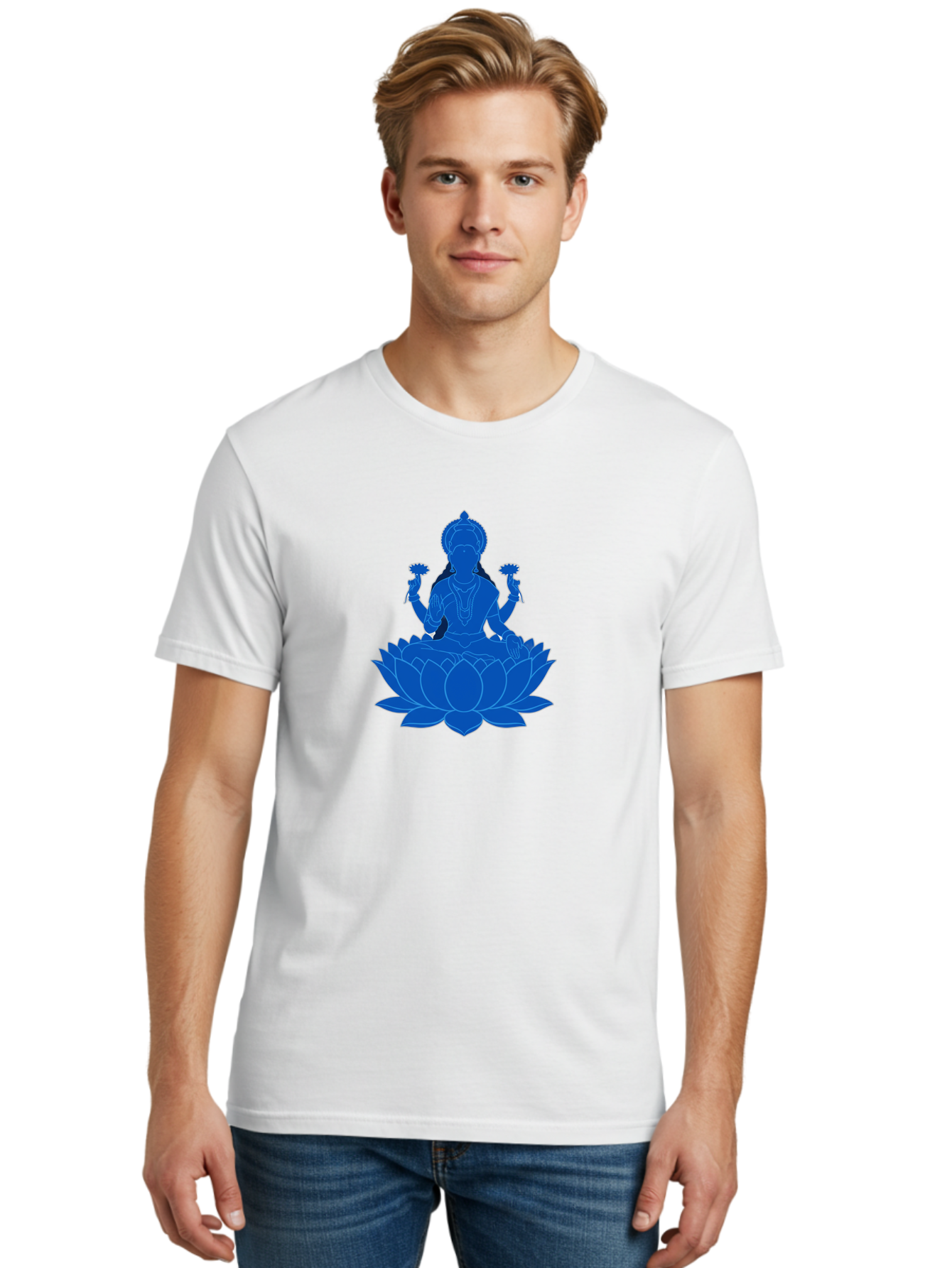 Lakshmi Men'S Graphic Tee, 100% Cotton, Comfortable Casual Summer Wear, Machine Washable, Goddess Lakshmi, Lotus Flower, Spiritual Symbolism, Hindu Mythology, Serene Pose, Symbolic Jewelry, Tranquil Atmosphere, Yoga, Meditation, Inner Peace, Bad270
