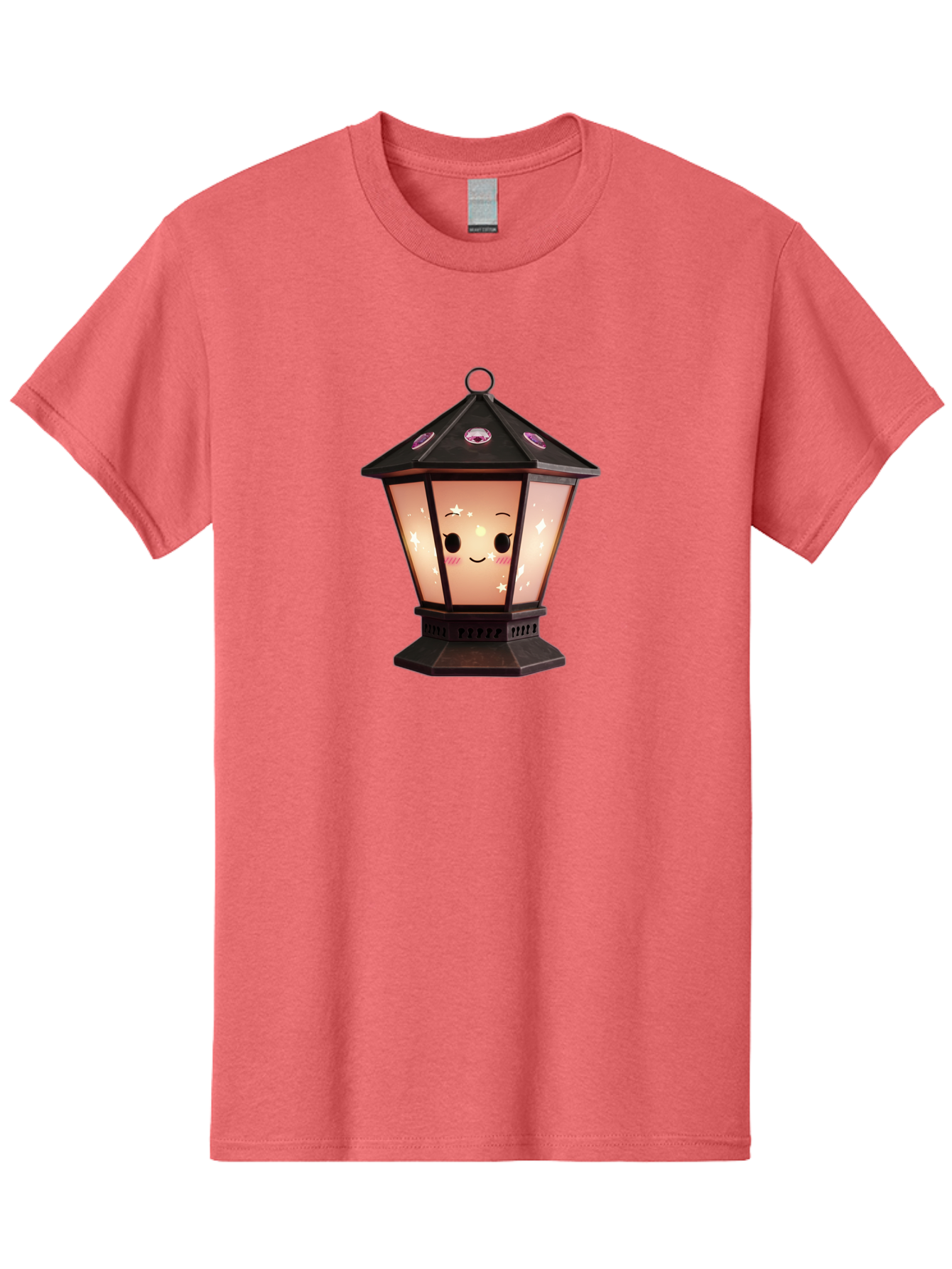 Lamp-Post-Kawaii-Face Men'S Graphic Tee, 100% Cotton, Comfortable Casual Summer Wear, Machine Washable, Cartoon Lantern, Smiling Face, Kawaii, Soft Lighting, Sparkles, Whimsical Design, Decorative Lantern, Pink Cheeks Bad271