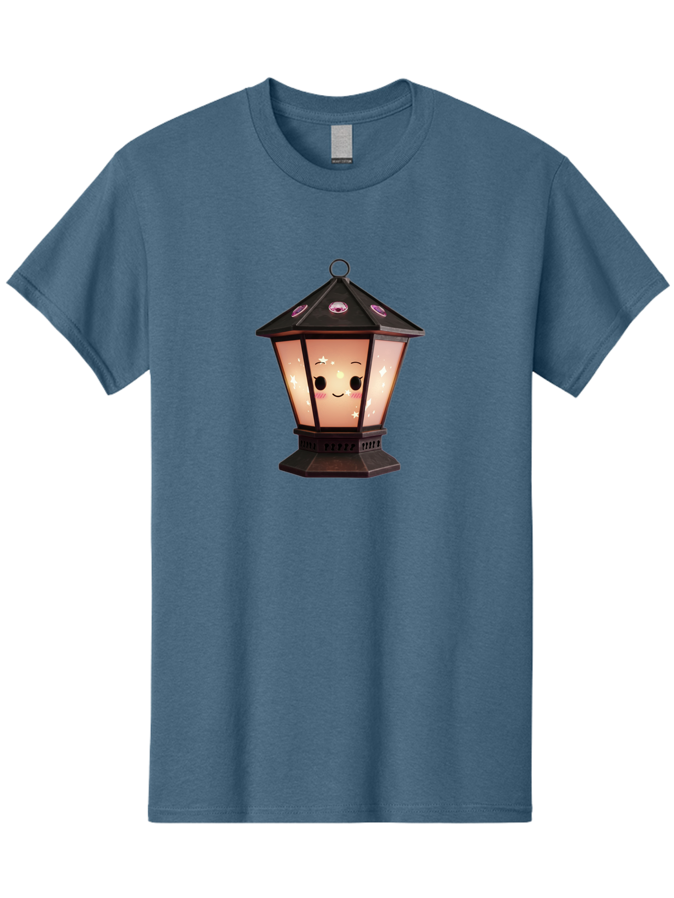 Lamp-Post-Kawaii-Face Men'S Graphic Tee, 100% Cotton, Comfortable Casual Summer Wear, Machine Washable, Cartoon Lantern, Smiling Face, Kawaii, Soft Lighting, Sparkles, Whimsical Design, Decorative Lantern, Pink Cheeks Bad271