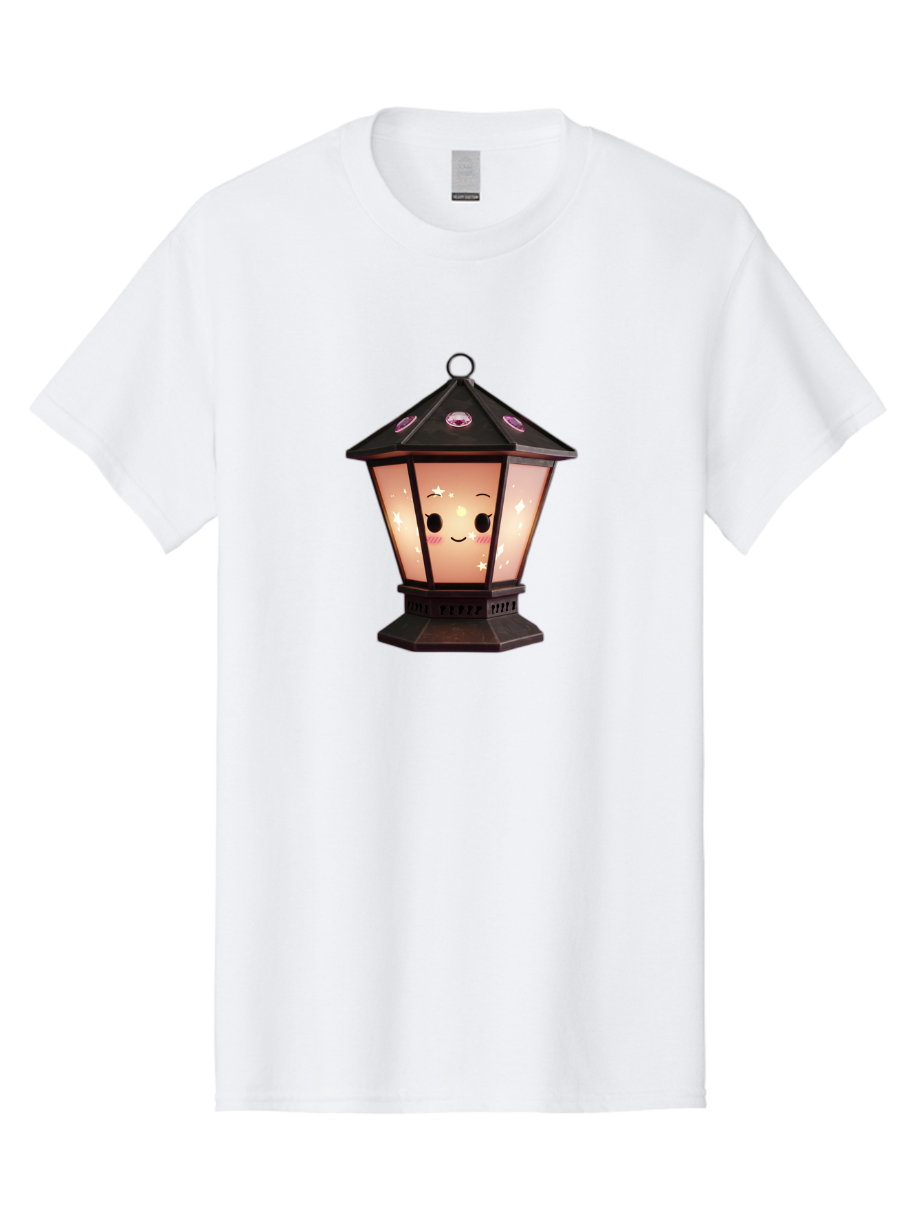Lamp-Post-Kawaii-Face Men'S Graphic Tee, 100% Cotton, Comfortable Casual Summer Wear, Machine Washable, Cartoon Lantern, Smiling Face, Kawaii, Soft Lighting, Sparkles, Whimsical Design, Decorative Lantern, Pink Cheeks Bad271