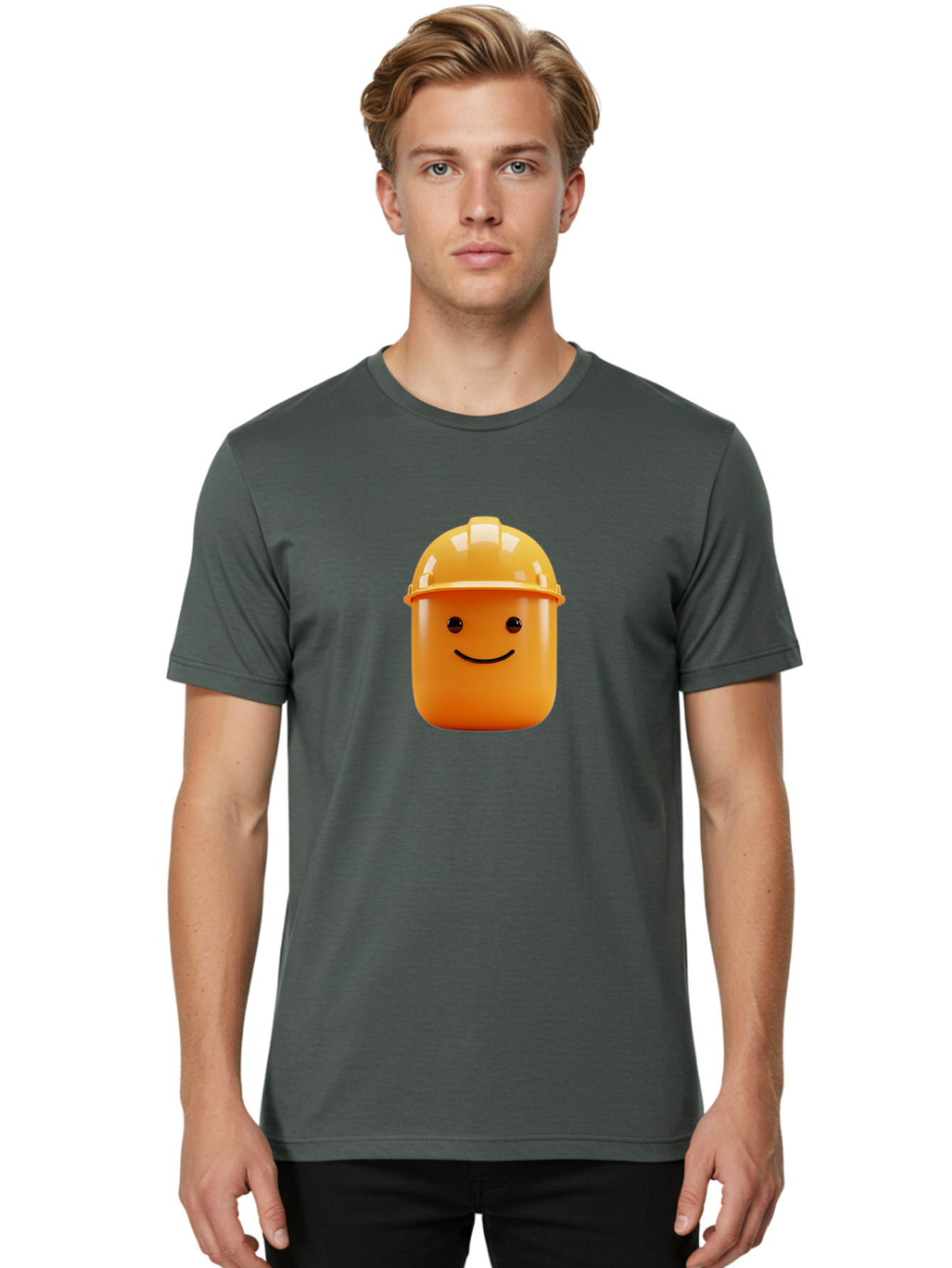 Lego-Minifigure-Head Men'S Graphic Tee, 100% Cotton, Comfortable Casual Summer Wear, Machine Washable, Lego Minifigure Head, Yellow Hard Hat, Smiling Face, Cartoon Character, Construction Theme, Playful Design, Fun Graphic, Lego Character, Bad276