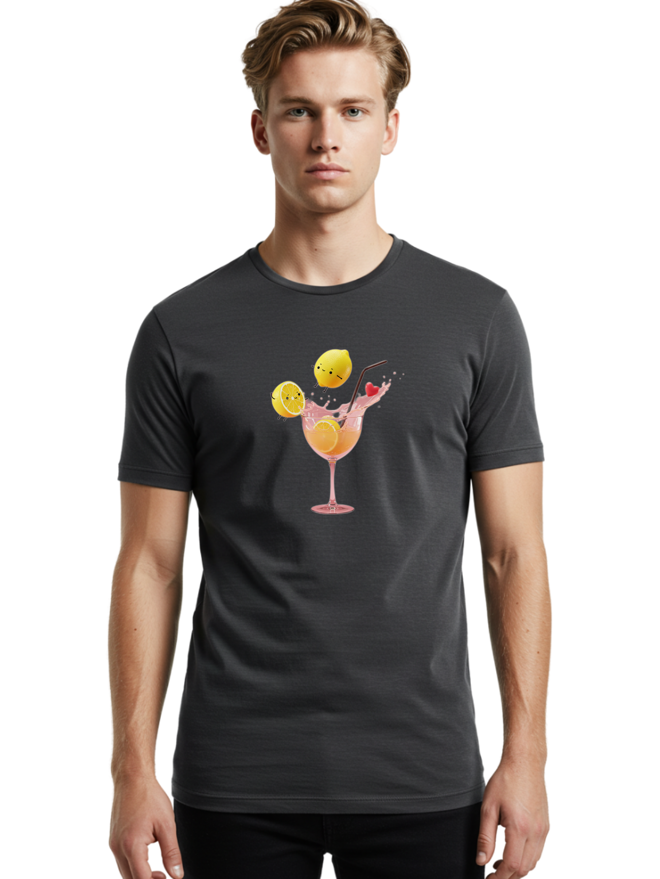 Lemon-Spritzer Men'S Graphic Tee, 100% Cotton, Comfortable Casual Summer Wear, Machine Washable, Refreshing Cocktail, Lemon Slices, Pink Drink, Straw, Splashing Liquid, Citrus Fruit, Funny Characters, Cartoon Lemons, Summer Drink, Bad277