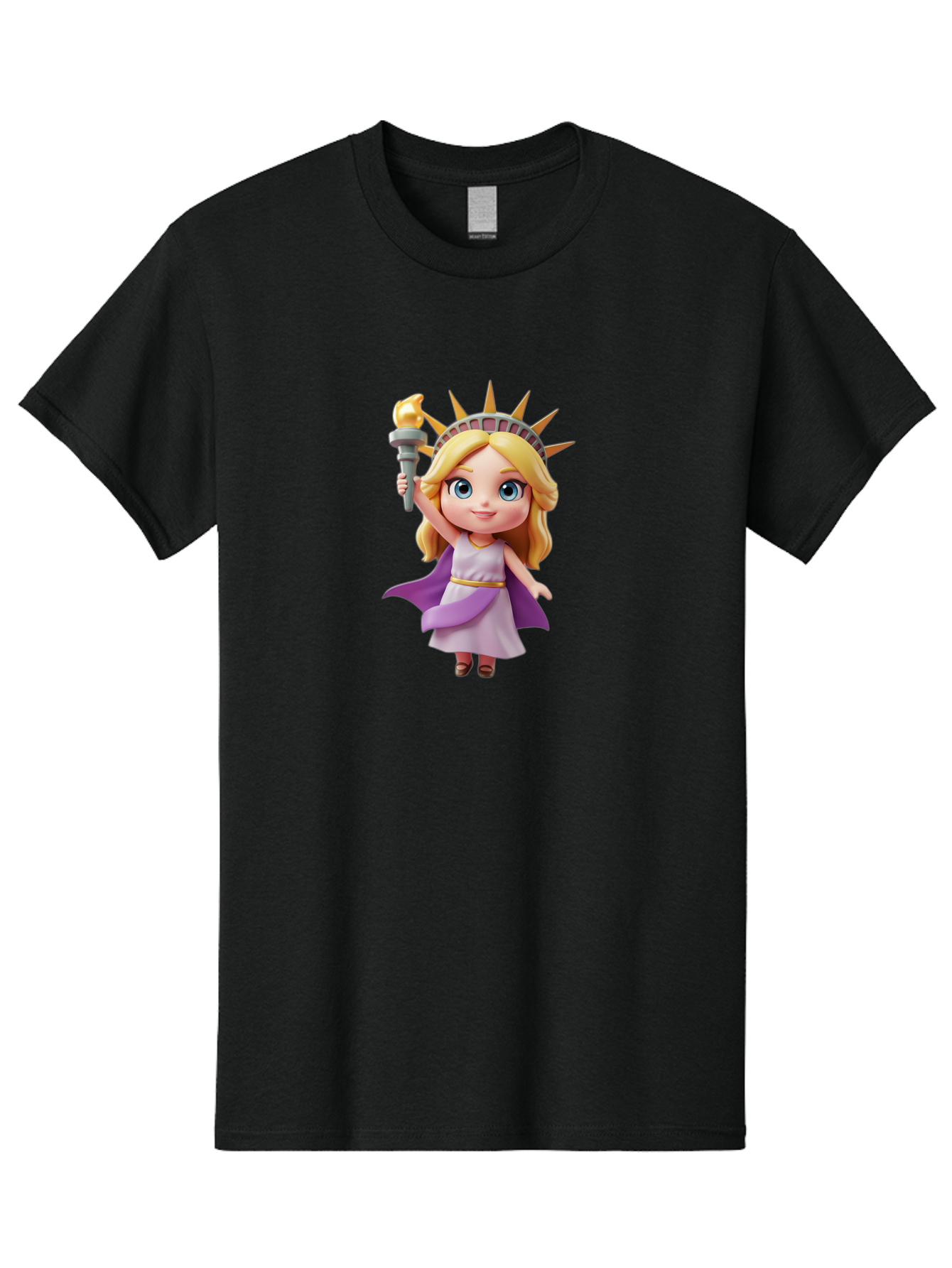 Liberty-Girl Men'S Graphic Tee, 100% Cotton, Comfortable Casual Summer Wear, Machine Washable, Cartoon Lady Liberty, Statue Of Liberty Figurine, Liberty Holding Torch, Purple Cape, White Dress, Golden Belt, Blonde Hair, Blue Eyes, Bad279