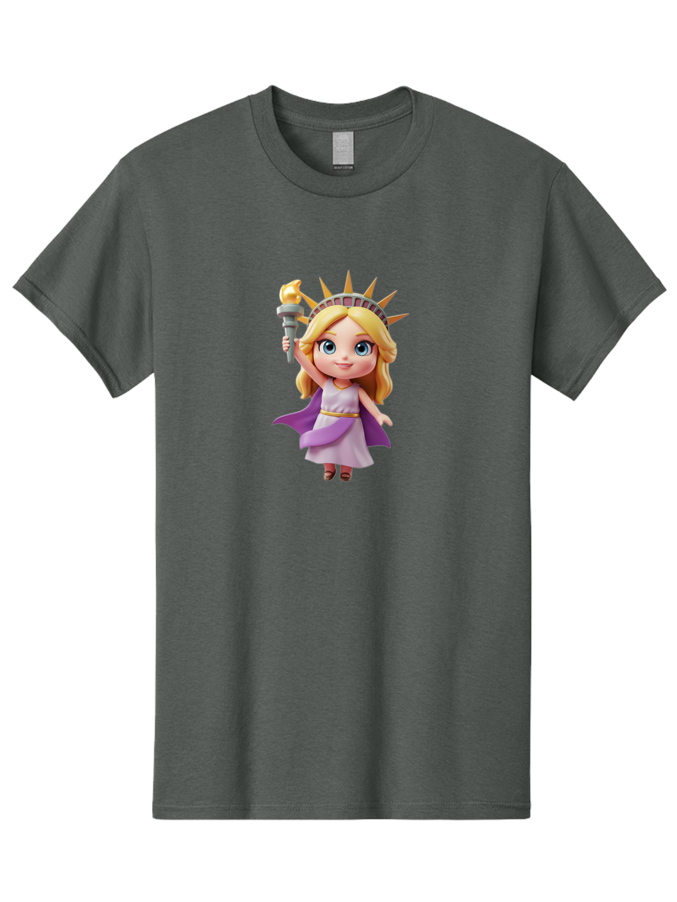 Liberty-Girl Men'S Graphic Tee, 100% Cotton, Comfortable Casual Summer Wear, Machine Washable, Cartoon Lady Liberty, Statue Of Liberty Figurine, Liberty Holding Torch, Purple Cape, White Dress, Golden Belt, Blonde Hair, Blue Eyes, Bad279