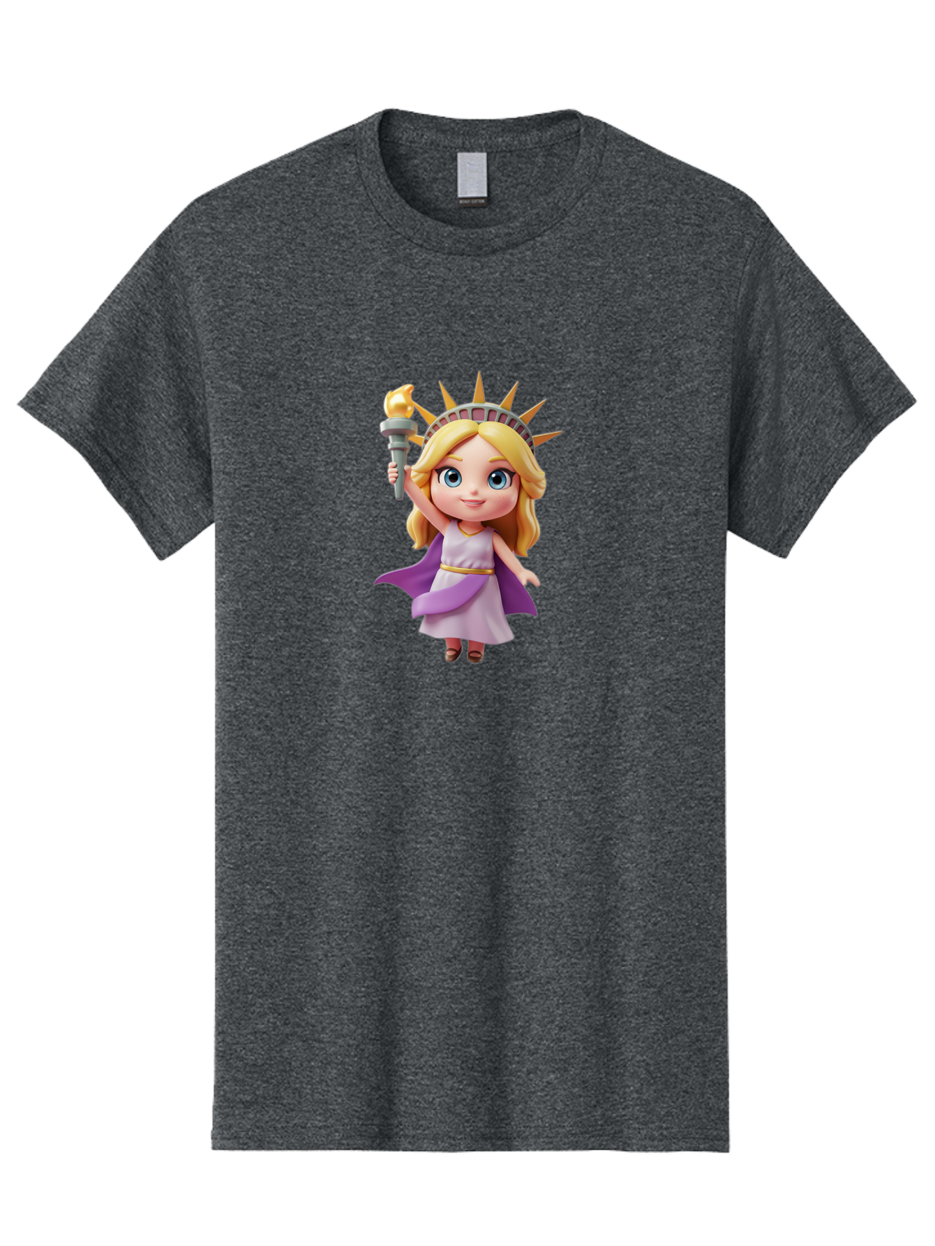 Liberty-Girl Men'S Graphic Tee, 100% Cotton, Comfortable Casual Summer Wear, Machine Washable, Cartoon Lady Liberty, Statue Of Liberty Figurine, Liberty Holding Torch, Purple Cape, White Dress, Golden Belt, Blonde Hair, Blue Eyes, Bad279