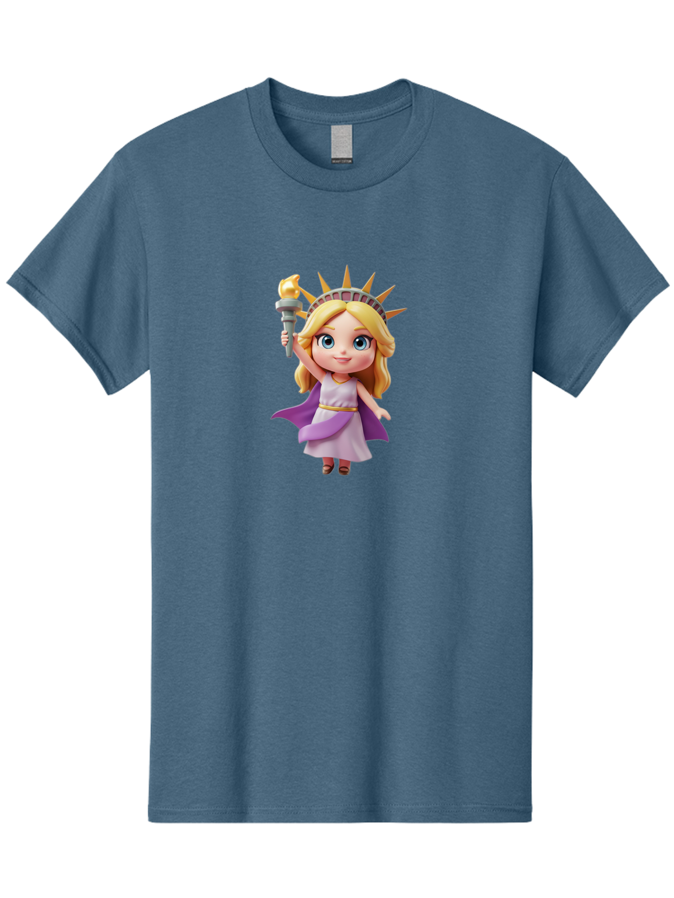 Liberty-Girl Men'S Graphic Tee, 100% Cotton, Comfortable Casual Summer Wear, Machine Washable, Cartoon Lady Liberty, Statue Of Liberty Figurine, Liberty Holding Torch, Purple Cape, White Dress, Golden Belt, Blonde Hair, Blue Eyes, Bad279
