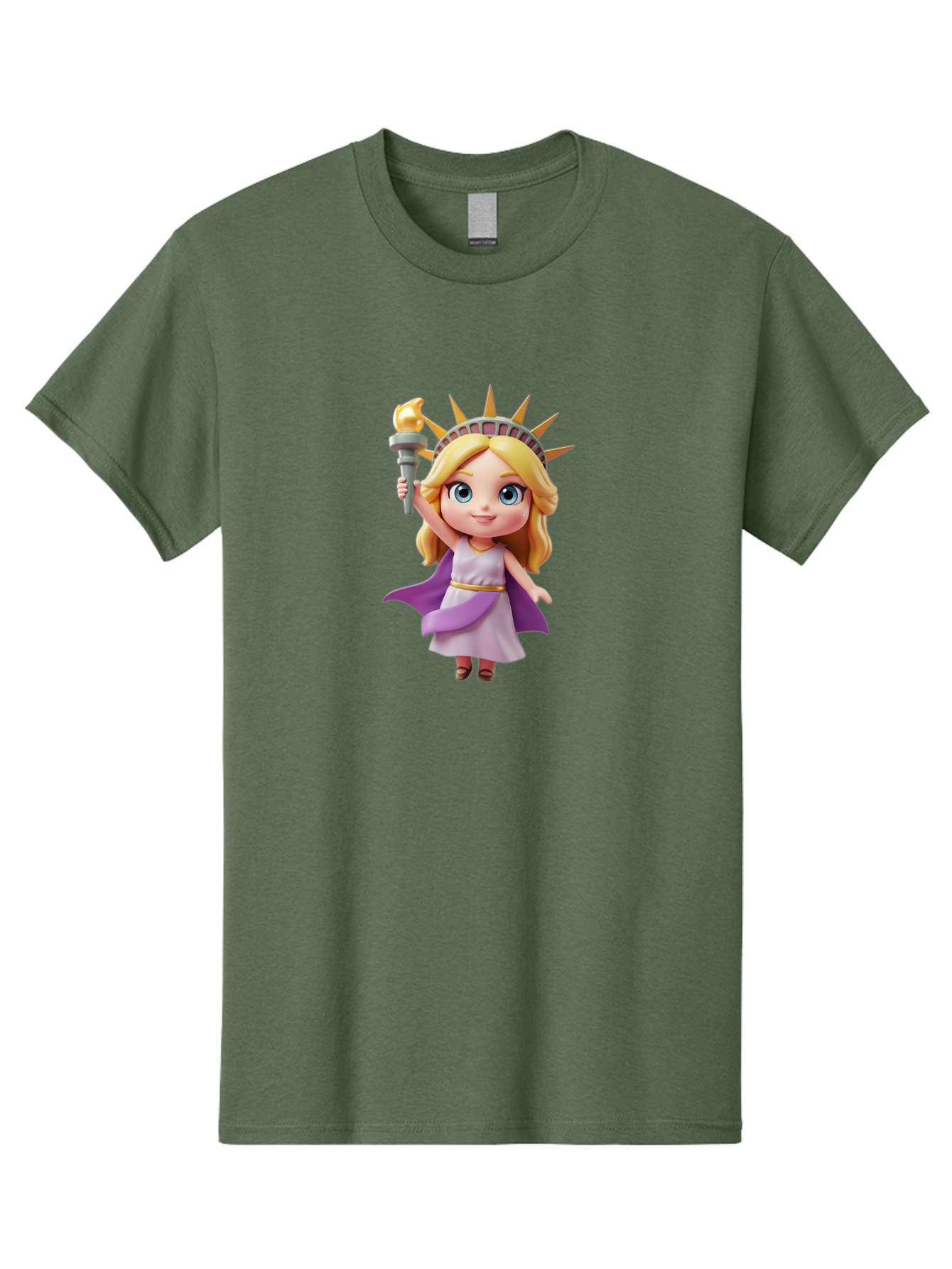 Liberty-Girl Men'S Graphic Tee, 100% Cotton, Comfortable Casual Summer Wear, Machine Washable, Cartoon Lady Liberty, Statue Of Liberty Figurine, Liberty Holding Torch, Purple Cape, White Dress, Golden Belt, Blonde Hair, Blue Eyes, Bad279