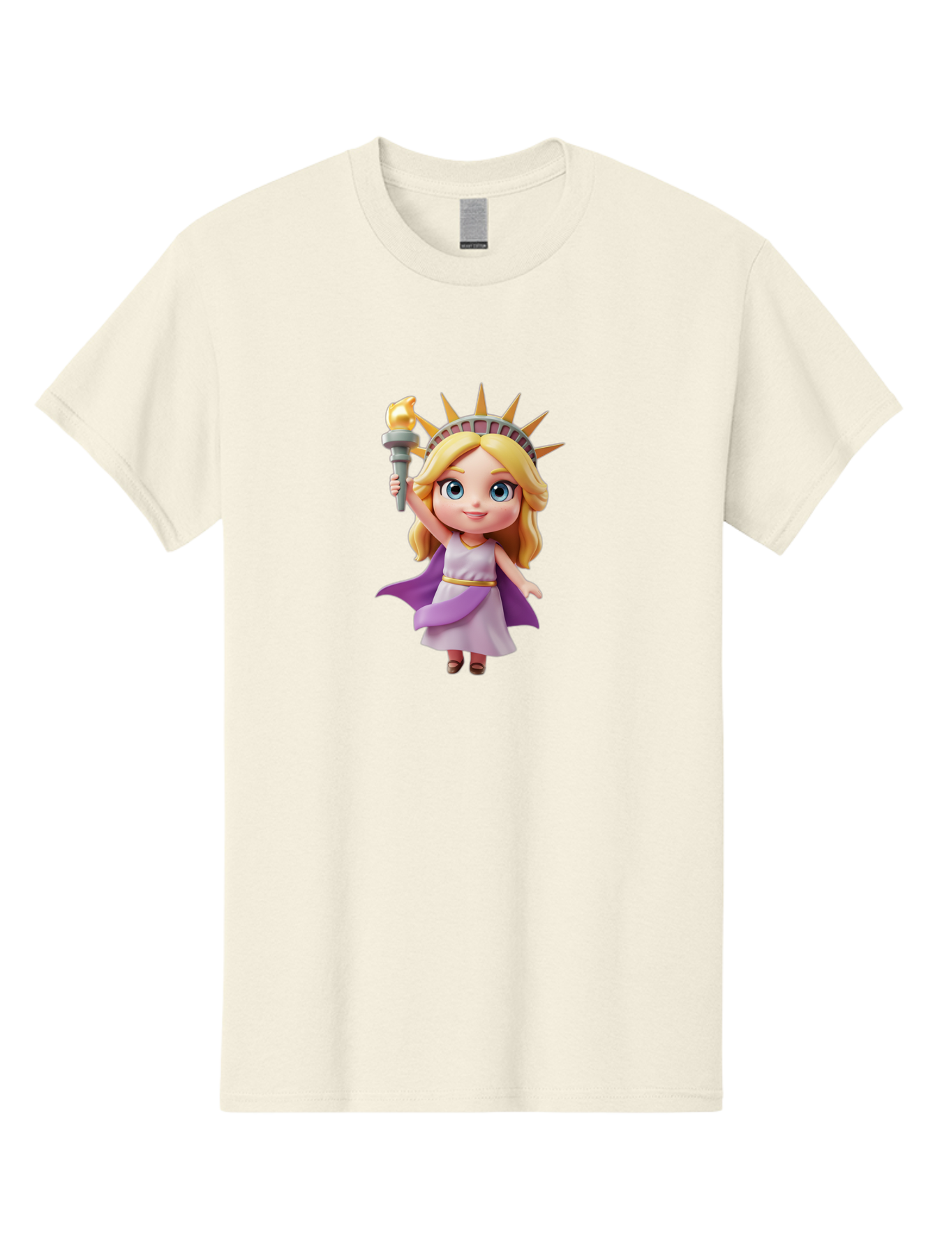 Liberty-Girl Men'S Graphic Tee, 100% Cotton, Comfortable Casual Summer Wear, Machine Washable, Cartoon Lady Liberty, Statue Of Liberty Figurine, Liberty Holding Torch, Purple Cape, White Dress, Golden Belt, Blonde Hair, Blue Eyes, Bad279