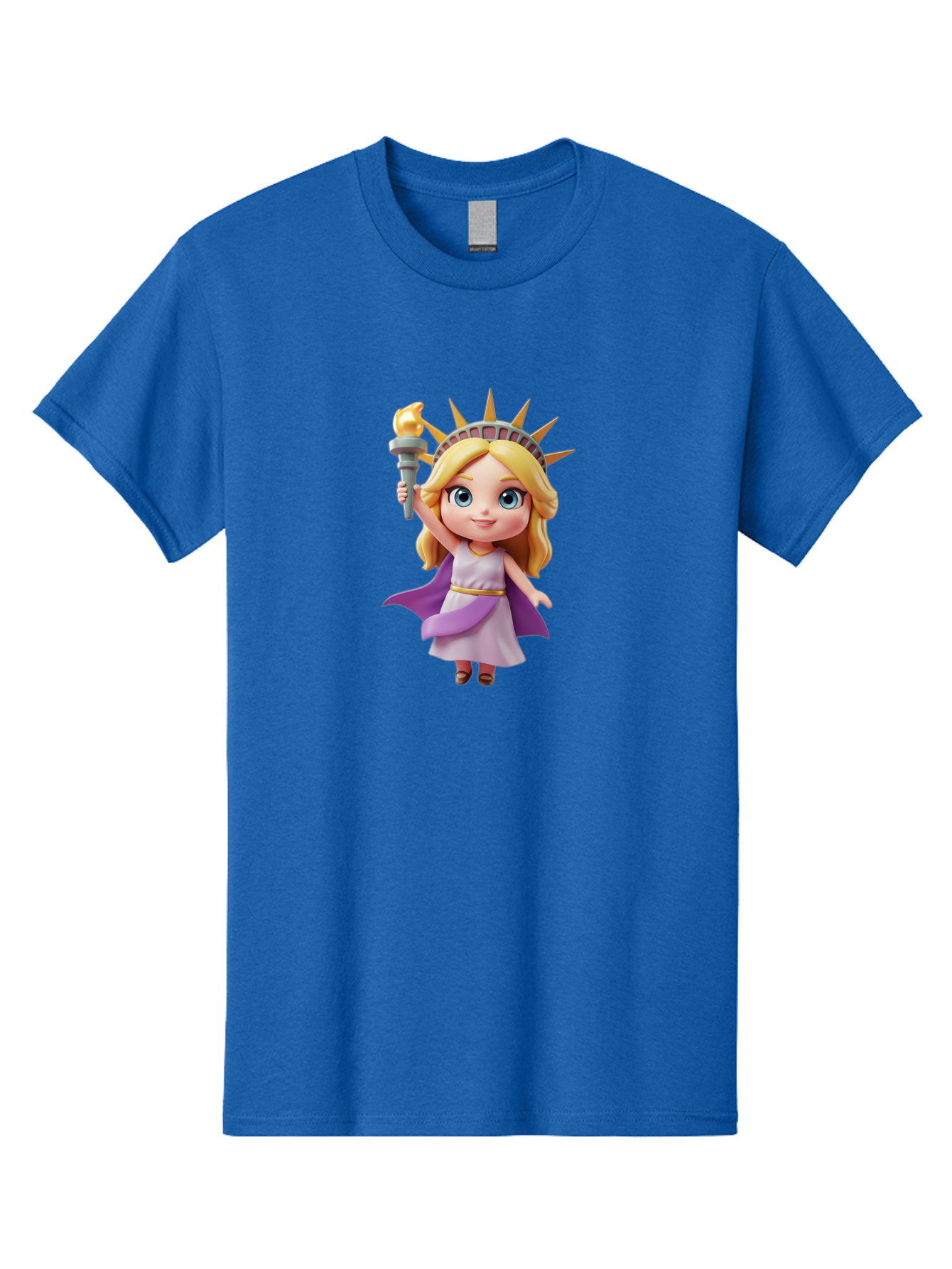 Liberty-Girl Men'S Graphic Tee, 100% Cotton, Comfortable Casual Summer Wear, Machine Washable, Cartoon Lady Liberty, Statue Of Liberty Figurine, Liberty Holding Torch, Purple Cape, White Dress, Golden Belt, Blonde Hair, Blue Eyes, Bad279
