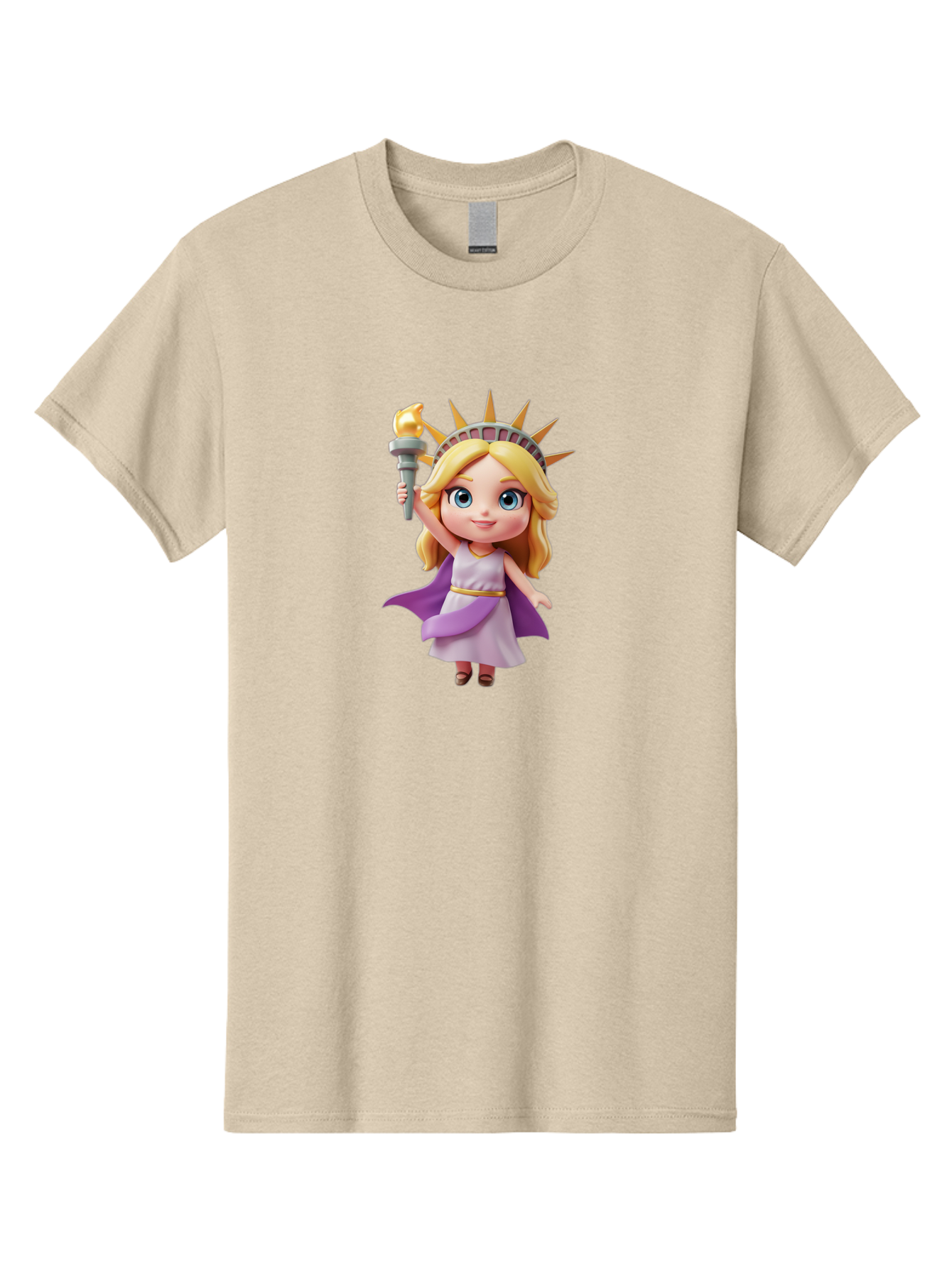 Liberty-Girl Men'S Graphic Tee, 100% Cotton, Comfortable Casual Summer Wear, Machine Washable, Cartoon Lady Liberty, Statue Of Liberty Figurine, Liberty Holding Torch, Purple Cape, White Dress, Golden Belt, Blonde Hair, Blue Eyes, Bad279