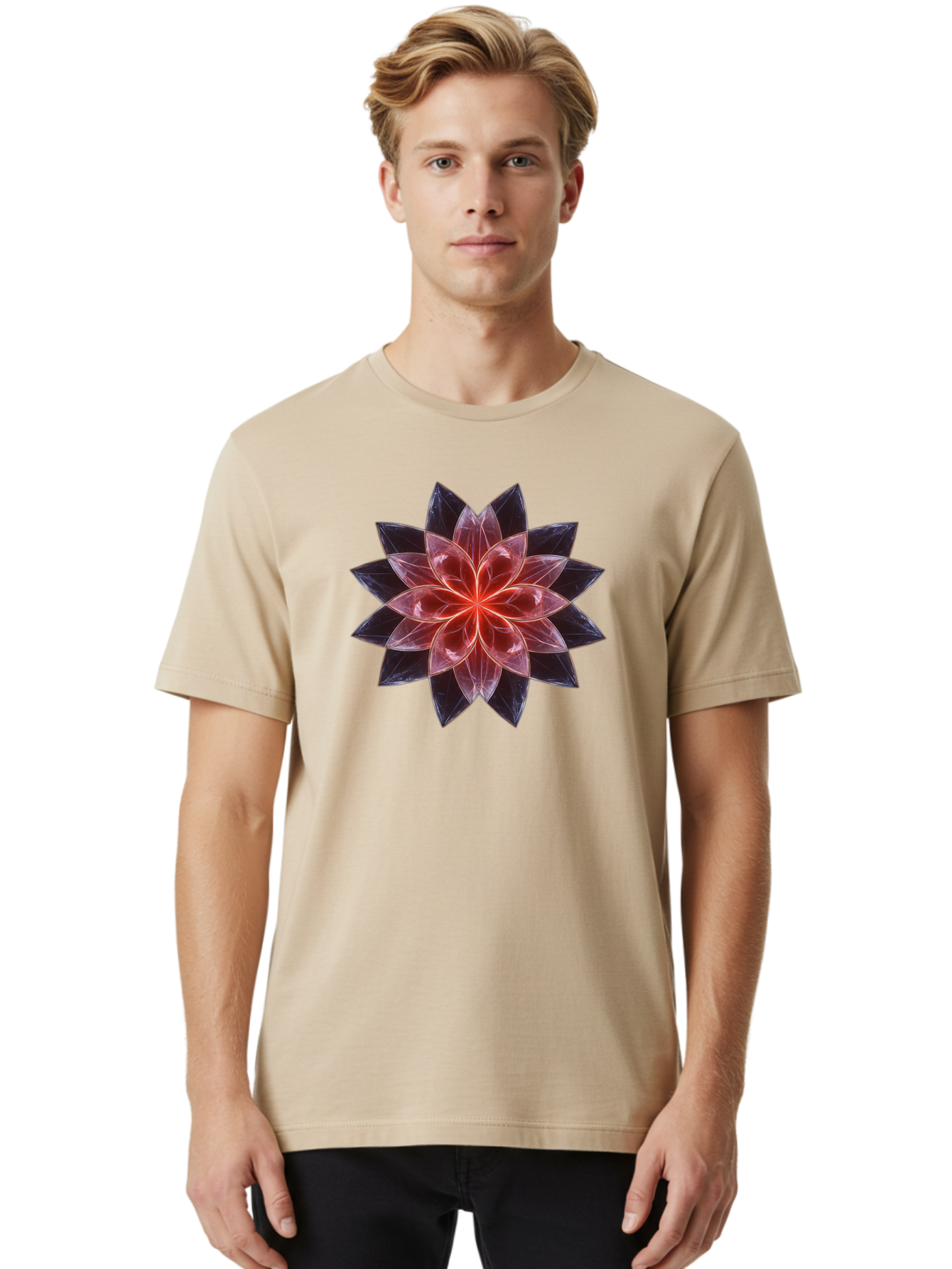 Lotus-Flower Men'S Graphic Tee, 100% Cotton, Comfortable Casual Summer Wear, Machine Washable, Lotus Flower, Geometric Pattern, Symmetrical Design, Floral Motif, Abstract Art, Vibrant Colors, Sacred Geometry, Mandala, Spiritual Symbol, Bad281